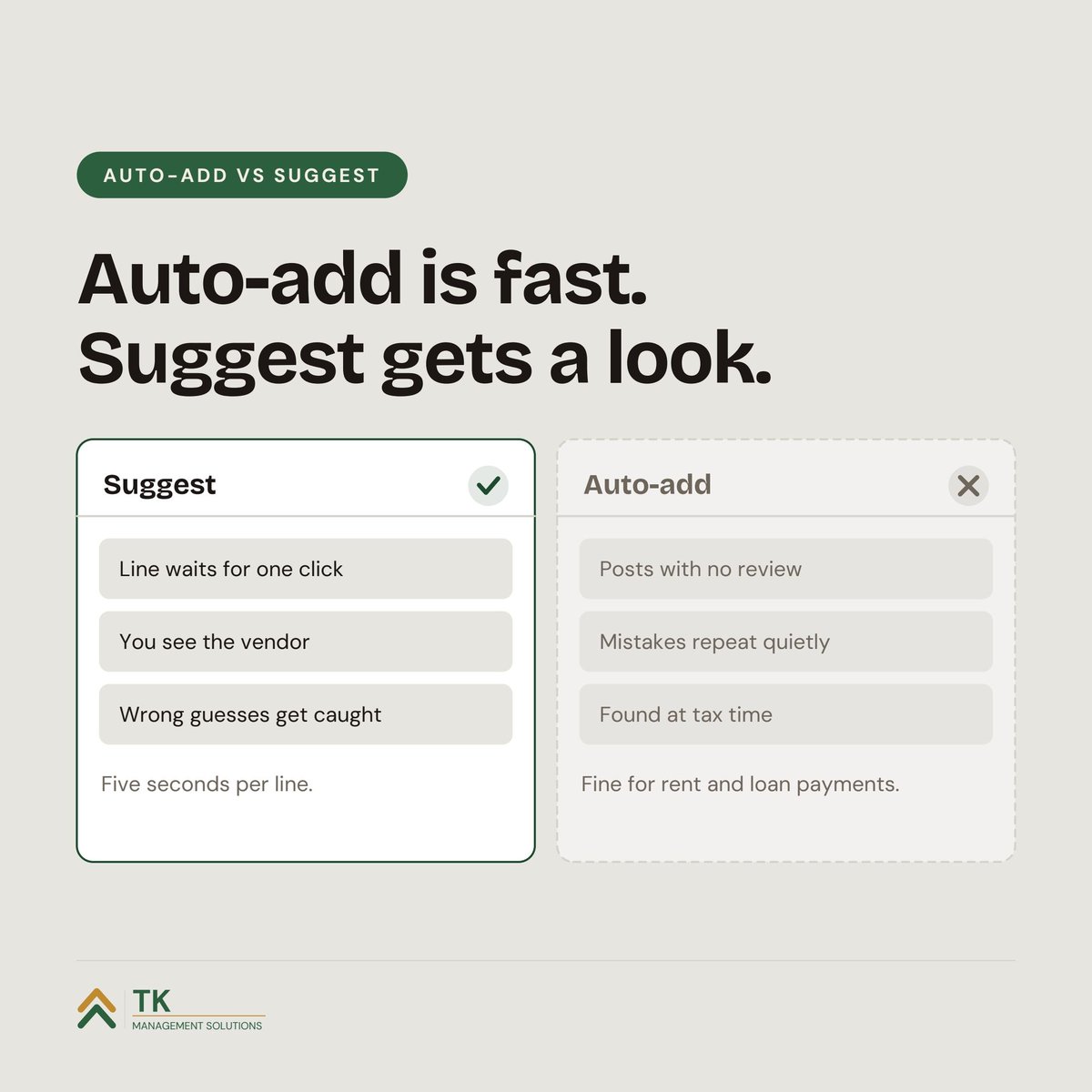 growthTKMS's tweet photo. QuickBooks learns from your first clicks. Code one Amazon order to Office Supplies in February and the ladder, the client gift and the software renewal probably followed.

Before Q4, read every bank rule and switch vendor-only auto-add rules back to suggest. #Bookkeeping https://t.co/z4XcFmRn6P