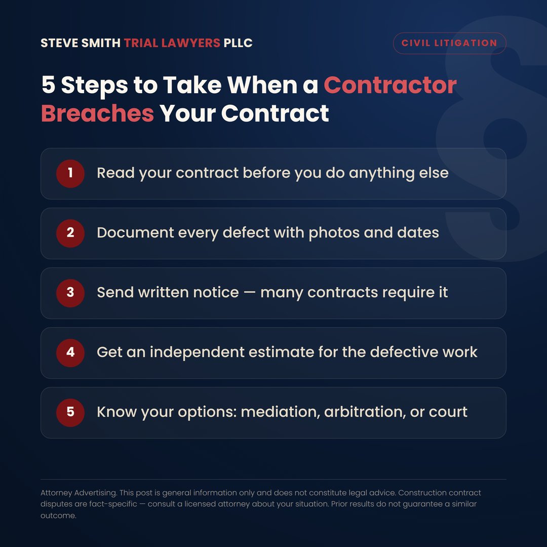 MaineLawyer's tweet photo. 🏗️ Contractor breach of contract? Before you act: read the contract, document the defects, check notice requirements, get an independent estimate, know your dispute-resolution options. https://t.co/TeN3sKEE9n
