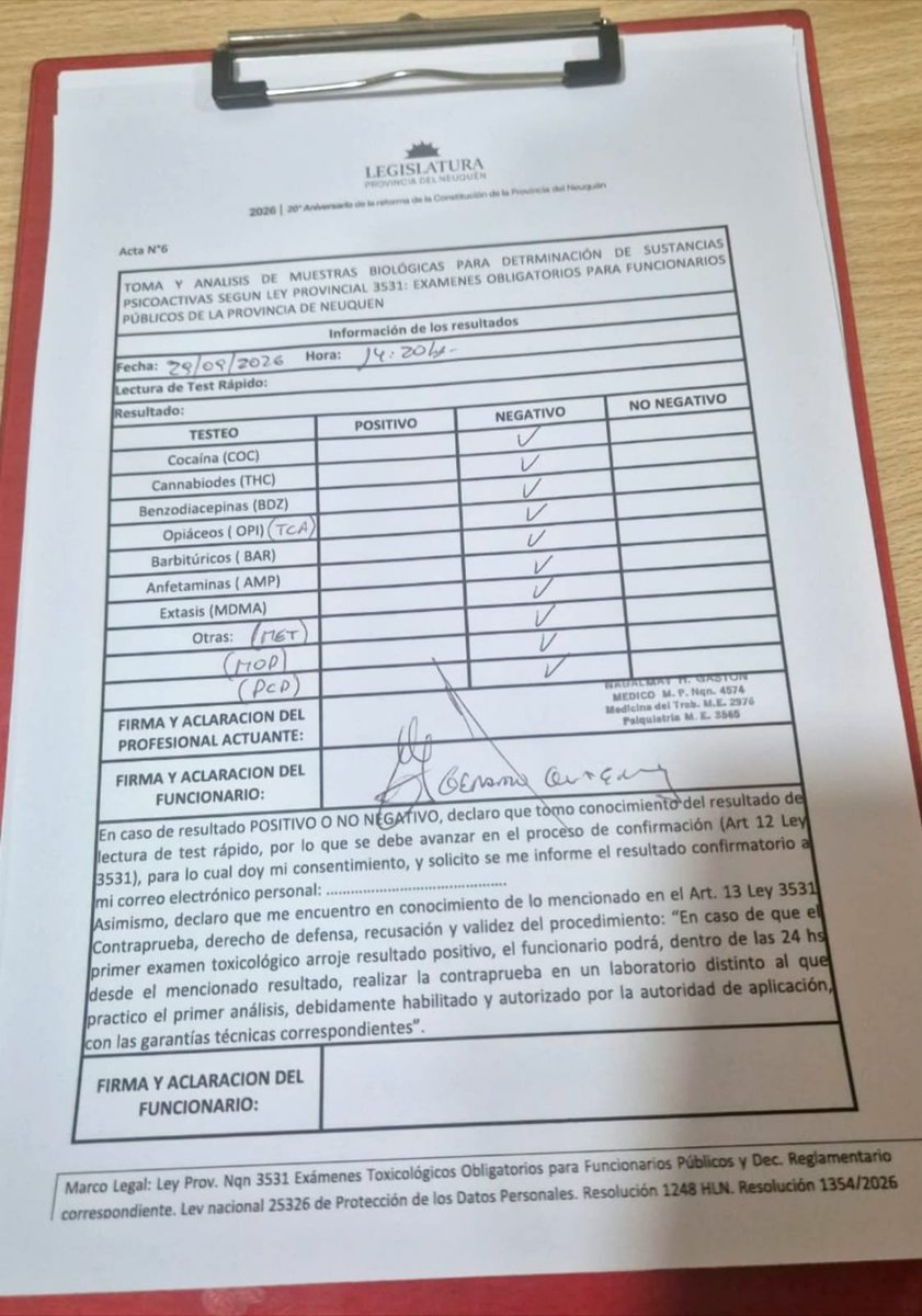 Geraneuquen's tweet photo. #Hoy cumplí con mi obligación de hacerme el Narco Test de acuerdo a la Ley Provincial N° 3531. Fuí uno de los primeros diputados en realizarme el test aleatorio y sorpresivo que, como muestran las imágenes, dio negativo.
#SiALaVida #NoALasDrogas
#Neuquén https://t.co/ia5YVnNB57