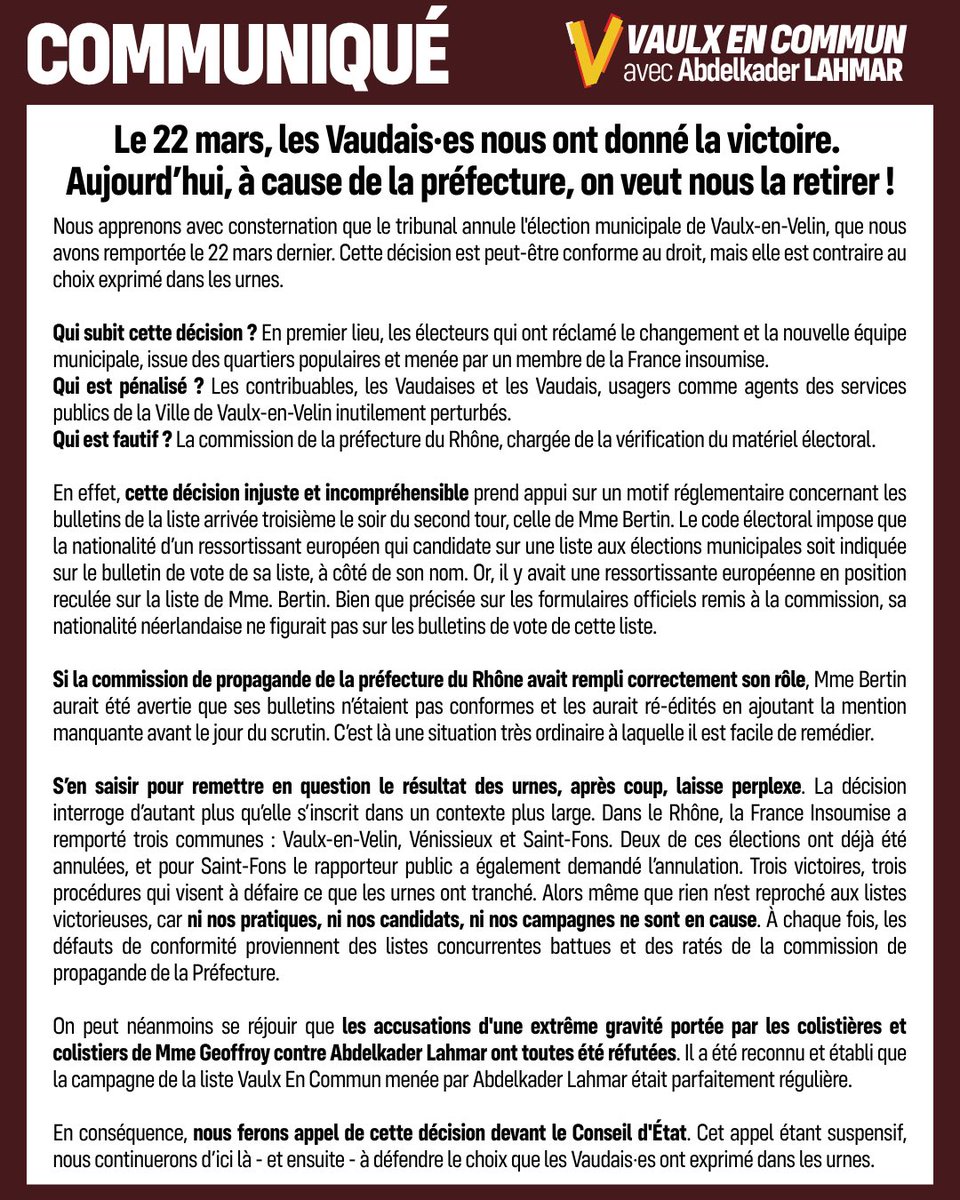 AK_Lahmar's tweet photo. Pendant que d'autres misent sur une remise en cause de la démocratie, nous misons sur Vaulx-en-Velin. 

Les élus de Vaulx En Commun continueront, dans les semaines et mois qui viennent, d'être chaque jour sur le terrain, dans chaque quartier, au pied de chaque immeuble, à l'écoute de chaque habitant. 

Nous continuerons de mettre en œuvre, mesure après mesure, le programme de gauche de rupture pour lequel vous nous avez fait confiance : parce que vous l'avez choisi, et parce que notre ville en a besoin.

Alors, nous vous le demandons : ne restez pas spectateurs. Parlez autour de vous, dans vos familles, avec vos voisins, dans vos associations. Inscrivez-vous ainsi que vos proches sur les listes électorales. Faites usage de ce droit à chaque occasion. Montrons ensemble que Vaulx-en-Velin ne se laisse pas confisquer sa voix.

Ils ont choisi les tribunaux. Nous choisissons le peuple. Et le peuple de Vaulx-en-Velin n'a pas dit son dernier mot.
