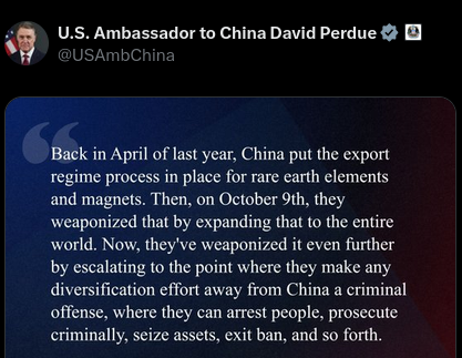 mrbcyber's tweet photo. China has been working to control rare earths for decades, part of its larger plan to control manufacturing.

The Chinese government intentionally flooded America with subsidized rare earth minerals in the 90's. Running all the US companies out of business.  Much as they are flooding the EV market today.

All Chinese companies involved with rare earth production have been made into a conglomerate.  A massive monopoly ultimately controlled by the CCP.  This monopoly is being used to destroy western manufacturing.