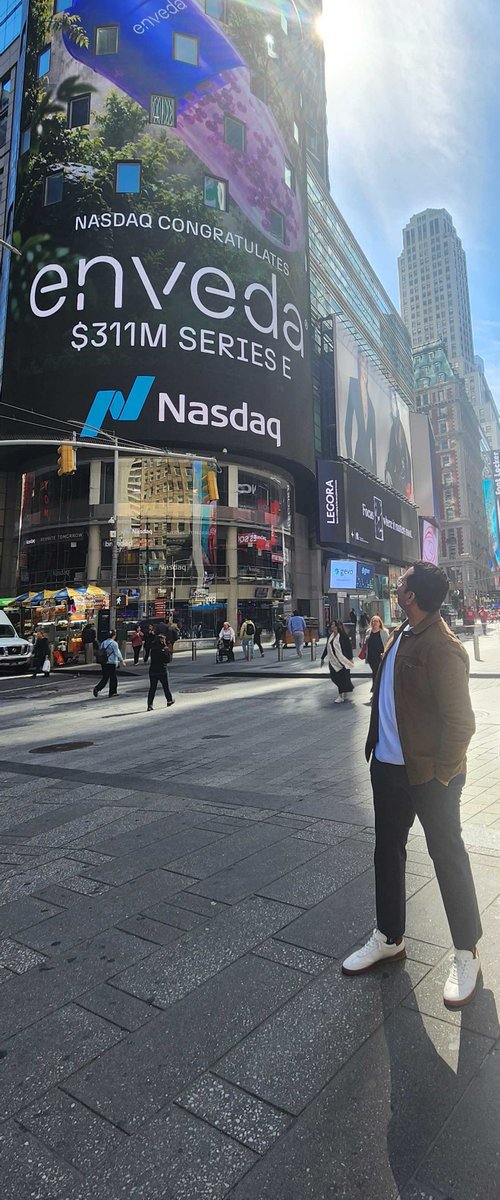 enveda's tweet photo. Enveda on the @Nasdaq Tower in @TimesSquareNYC.  This special moment was made even better by having our Founder and CEO, @viswacolluru there in person to take it in.  

The display marked our $311 million Series E and the years of work behind it: every experiment, every molecule, every late night, every setback that taught us something, and every hard problem solved by our team. 

The financing reflects the confidence an exceptional group of investors has placed in Enveda’s platform, pipeline, and long-term ambition. That confidence also carries a responsibility to put the capital to work with discipline and urgency, moving our medicines forward and continuing to turn life’s chemistry into better options for patients.  

Thank you to our friends at Nasdaq for marking the moment so beautifull
y.  
#Enveda #LearningfromLife #AI #Biotech