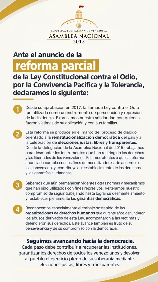 ElimarDiazG's tweet photo. Desde la delegación de la Asamblea Nacional de 2015 trabajamos para desmontar los instrumentos que han restringido los derechos y las libertades de los venezolanos. https://t.co/4EQpnO6Dlj