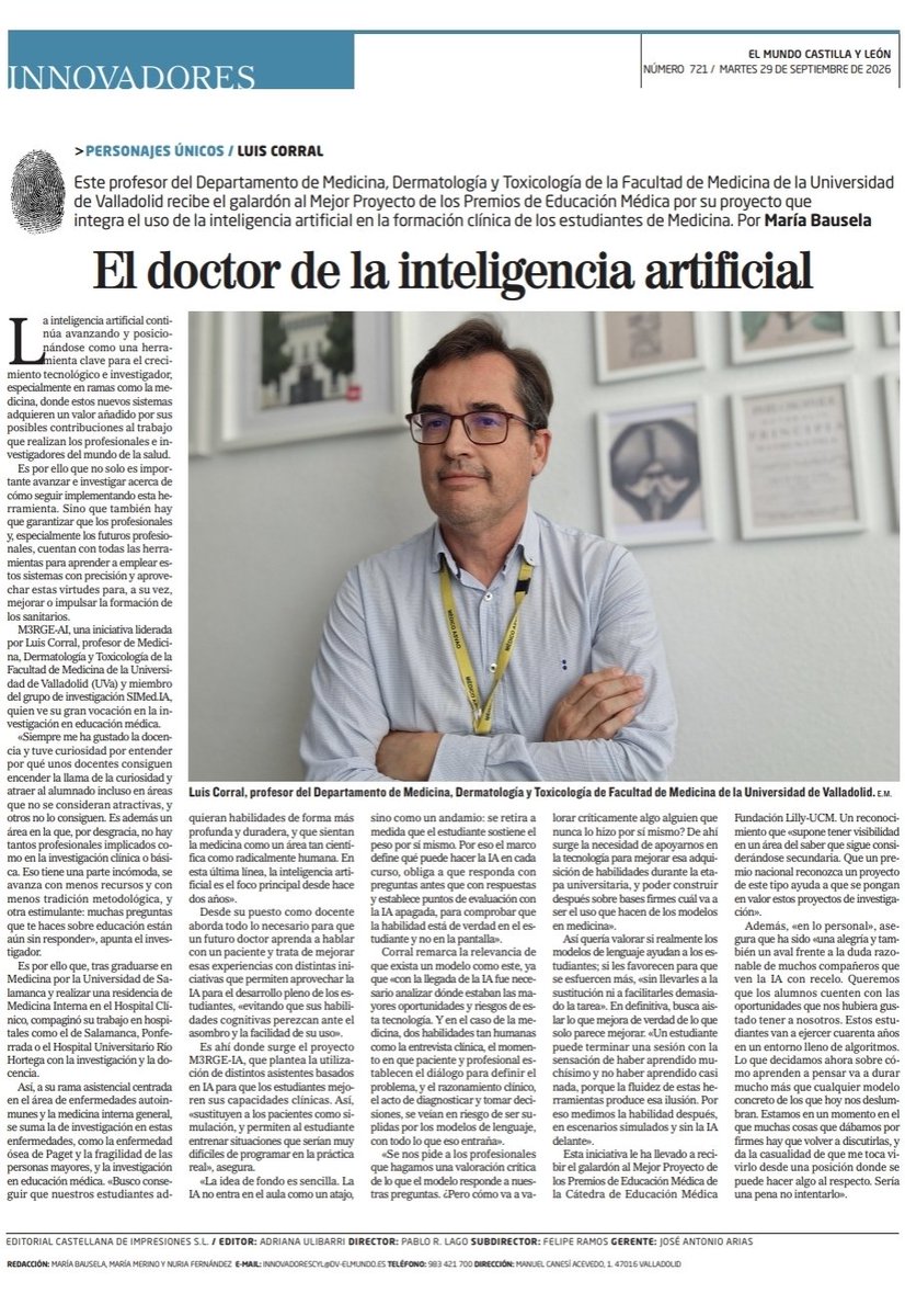 Luis_Corral_Gud's tweet photo. Aunque el título es bastante hiperbólico y dudo me lo merezca, creo que el texto sí refleja bien nuestra idea para usar la IA en #EduMed sin que nos "devore".

Crecer con y gracias a ella para ser mejores profesionales, evitando la rendición cognitiva.

@elmundoes @Sedem_ORG https://t.co/rTQehyM6ru