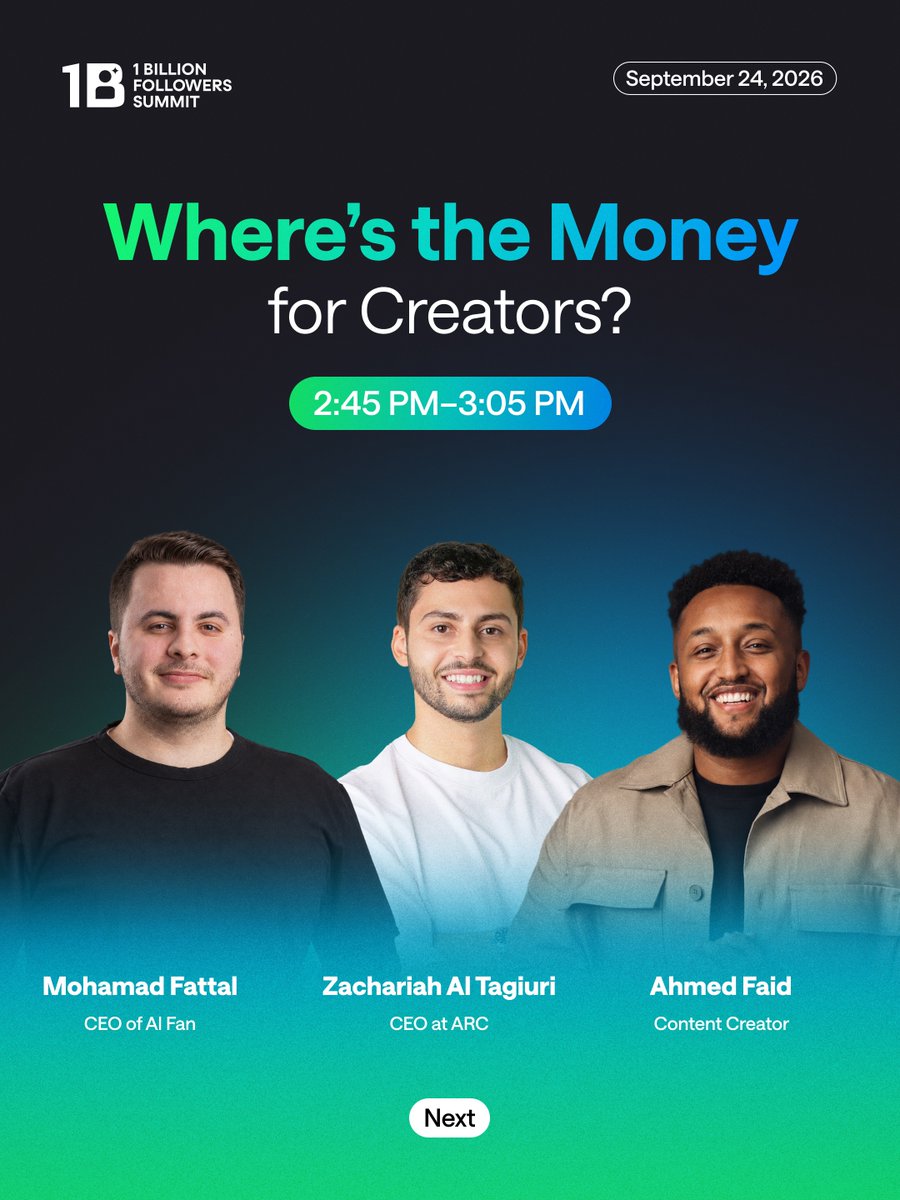 CreatorsHQ's tweet photo. WHAT’S NEXT AT 1 BILLION SUMMIT 2027? 🌍✨
Join us at the 1 Billion Exclusive for inspiring sessions, key insights, and a first look at what’s coming to the 5th edition of the 1 Billion Followers Summit.

🗓️ 30 September 2026
🕒 02:00 PM - 04:00 PM
📍 Creators HQ, Emirates Towers, Dubai
Secure your spot now!
https://t.co/JVw07FUMmu

1/2