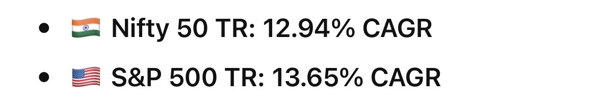 vivekrwa's tweet photo. @ijashnn @earnwithsapna Look at the 5-year CAGR of both indices. India is still a developing economy, while the US has been a developed market powerhouse for decades and remains central to global trade and finance. Yet the market returns are remarkably comparable. https://t.co/DK5zofEmOX