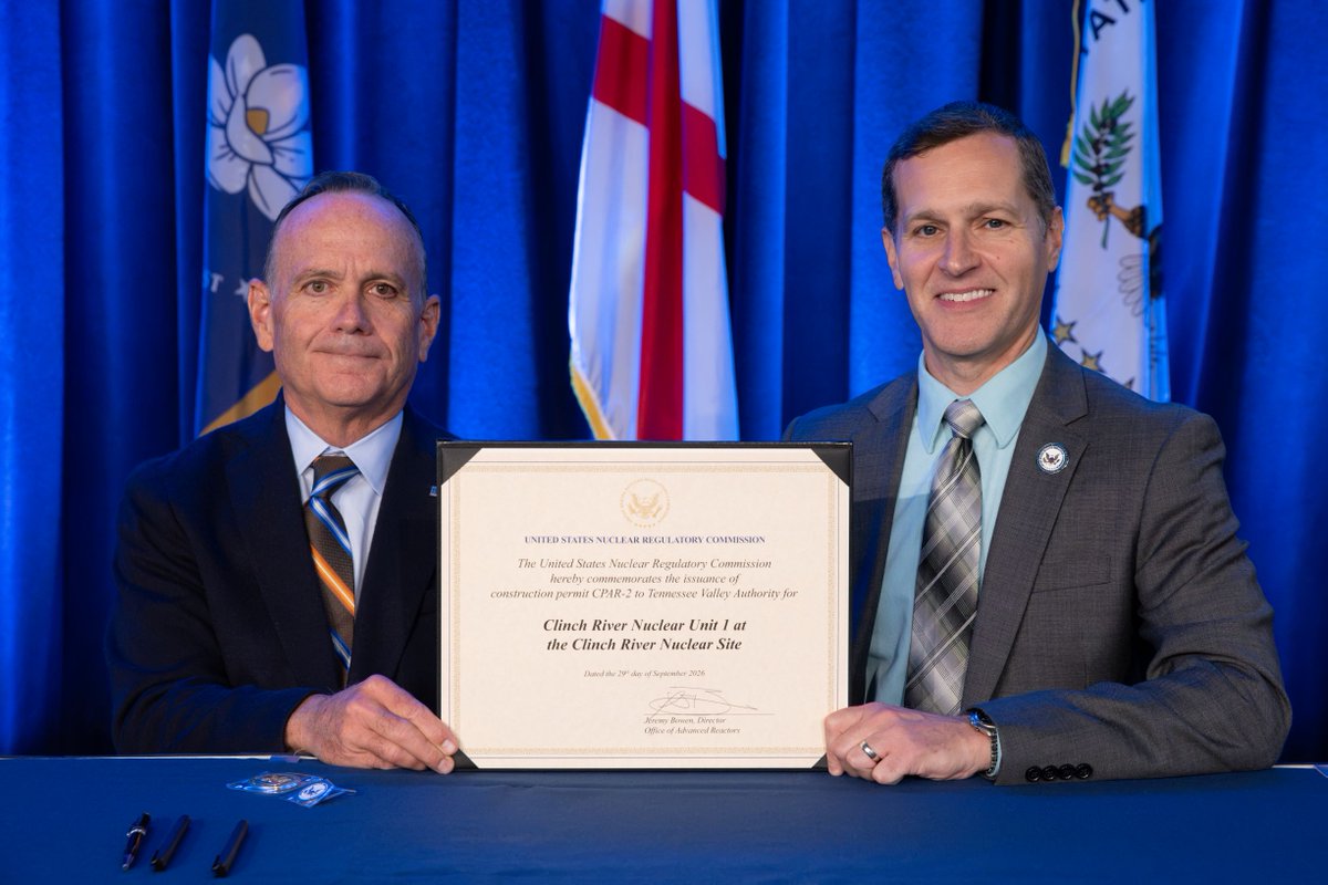 gvhnuclear's tweet photo. NEWS: NRC issues first U.S. construction permit for a BWRX-300 small modular reactor at Tennessee Valley Authority’s Clinch River site

https://t.co/TptpB8bWTS https://t.co/L0nS3ZOENz