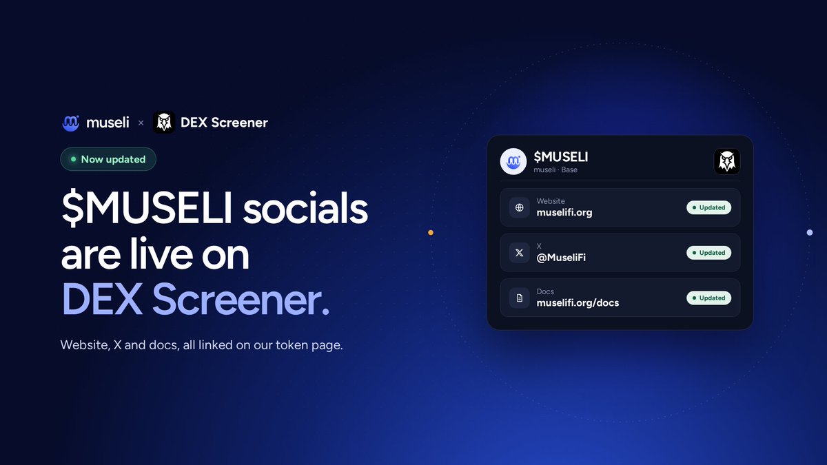 MuseliFi's tweet photo. $MUSELI socials are now updated on DEX Screener.

Website, X and docs are all linked on the token page.

https://t.co/k9xp2CtfFA https://t.co/bHQEIxdxcA