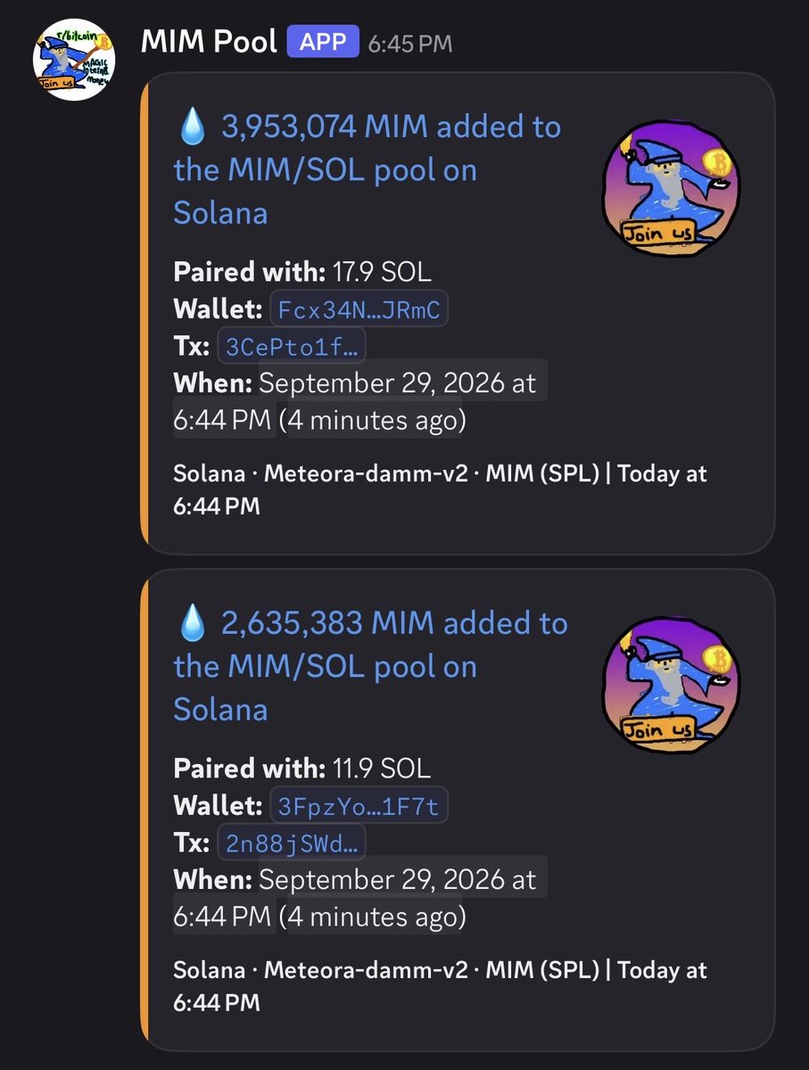 Tibe_btc's tweet photo. Greetings Wizards

@mavensbot just added another ~26M $MIM to the liquidity pool on Solana🪄

Bringing his liquidity to:

- @MeteoraAG pool: 558 $SOL + 123M $MIM
- @swap_on_nexus pool: 0.26 $BTC + 41M $MIM 

Data from: https://t.co/HIZ9lL4XIF https://t.co/zlm2G47gOr