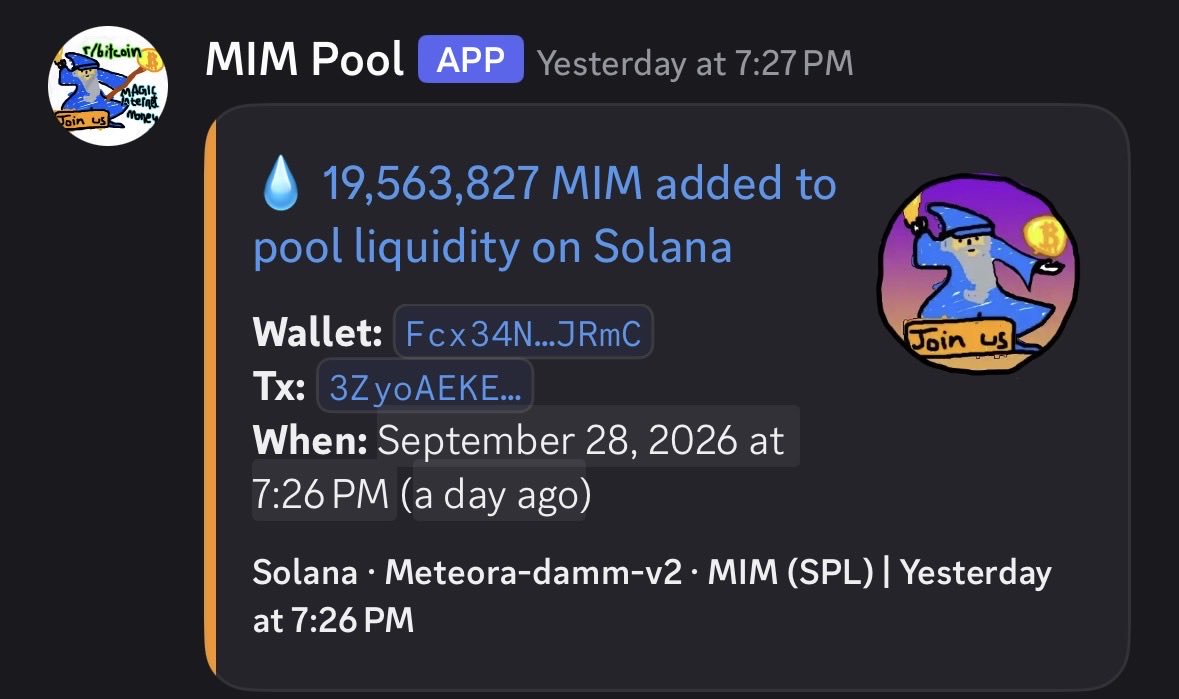 Tibe_btc's tweet photo. Greetings Wizards

@mavensbot just added another ~26M $MIM to the liquidity pool on Solana🪄

Bringing his liquidity to:

- @MeteoraAG pool: 558 $SOL + 123M $MIM
- @swap_on_nexus pool: 0.26 $BTC + 41M $MIM 

Data from: https://t.co/HIZ9lL4XIF https://t.co/zlm2G47gOr