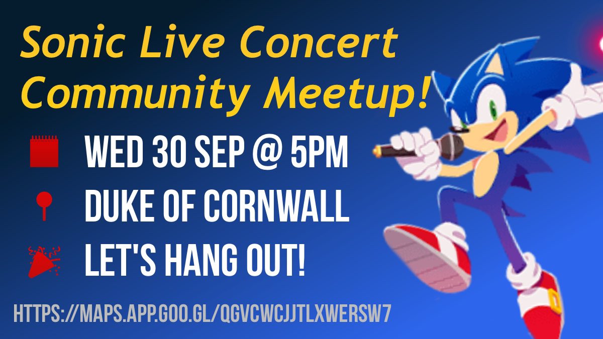 sonicstadium's tweet photo. Going to #SonicLive in London tomorrow evening? Want to hang out with us before the show?

Come join us at the Duke of Cornwall (next to the Hammersmith Apollo) at around 5pm! 

If you're taking part in the @ADVENTURES0NIC UK Meetup, we'll see you at your final stop! https://t.co/NtnWIA2JQe