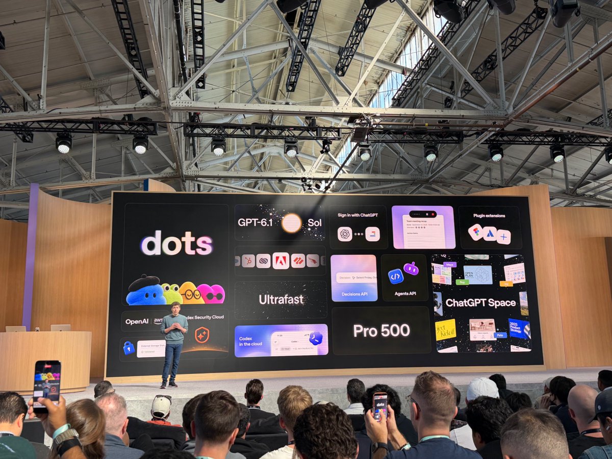 yanhua1010's tweet photo. OpenAI 最新发布重点总结：

1. dots
个人24h agent，用的OpenAI 目前最强的模型 Astra，重点是不占用订阅额度。

2. GPT-6.1 Sol
接近 Astra 的智能水平，但价格只有其1/5

3. ChatGPT登录
包括像Devin、OpenCode、Lovable等产品直接使用ChatGPT登录即可使用订阅额度

4. ultrafast 和 $500 Pro
8x极速，飞一般的感觉；匹配推出500刀订阅