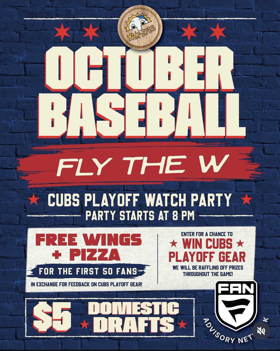 crawlyscubs's tweet photo. #Cubs fans! Looking for a place near Wrigley Field to watch the game? The #FanAdvisoryNetwork is hosting a watch party at Yak-Zies on Clark St!
Party starts at 8pm
First 50 people to fill out a short survey get free pizza and wings
Prizes to be raffled throughout the game!
$5 domestic drafts!
Let’s root on our Cubs!