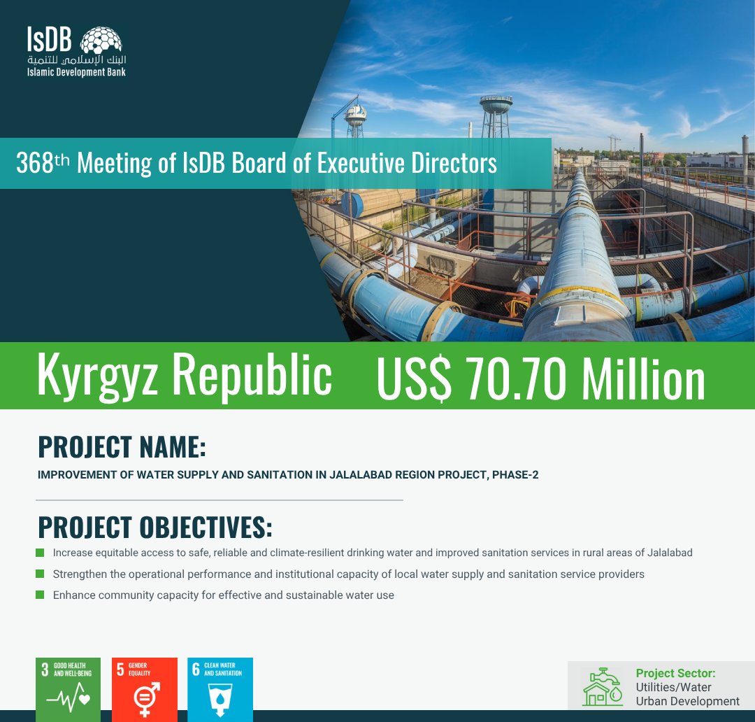 isdb_group's tweet photo. #IsDB has approved US$70.70 million for the Improvement of Water Supply and Sanitation in Jalalabad Region Project in the #KyrgyzRepublic. 

The project will expand equitable access to safe, reliable, and climate-resilient drinking water and sanitation services, while strengthening local service providers and community capacity for sustainable water use. 

Read More 👉: https://t.co/di0usFkW8t

#WaterSecurity #Sanitation #ClimateResilience #SDG6