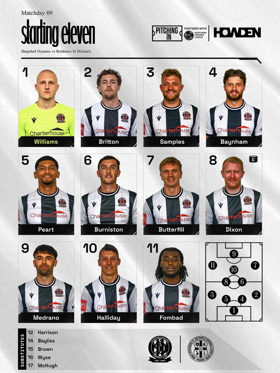 ShepshedDynamo's tweet photo. 𝐓𝐄𝐀𝐌 𝐍𝐄𝐖𝐒! - @themikesfc (H)

Britton starts in defence 🪨 
Unchanged in midfield 🔋 
Fombad joins the attack ⚡️ 

Lets go! 💪 

#SDFC | @NorthernPremLge https://t.co/BPUhGxzmIS