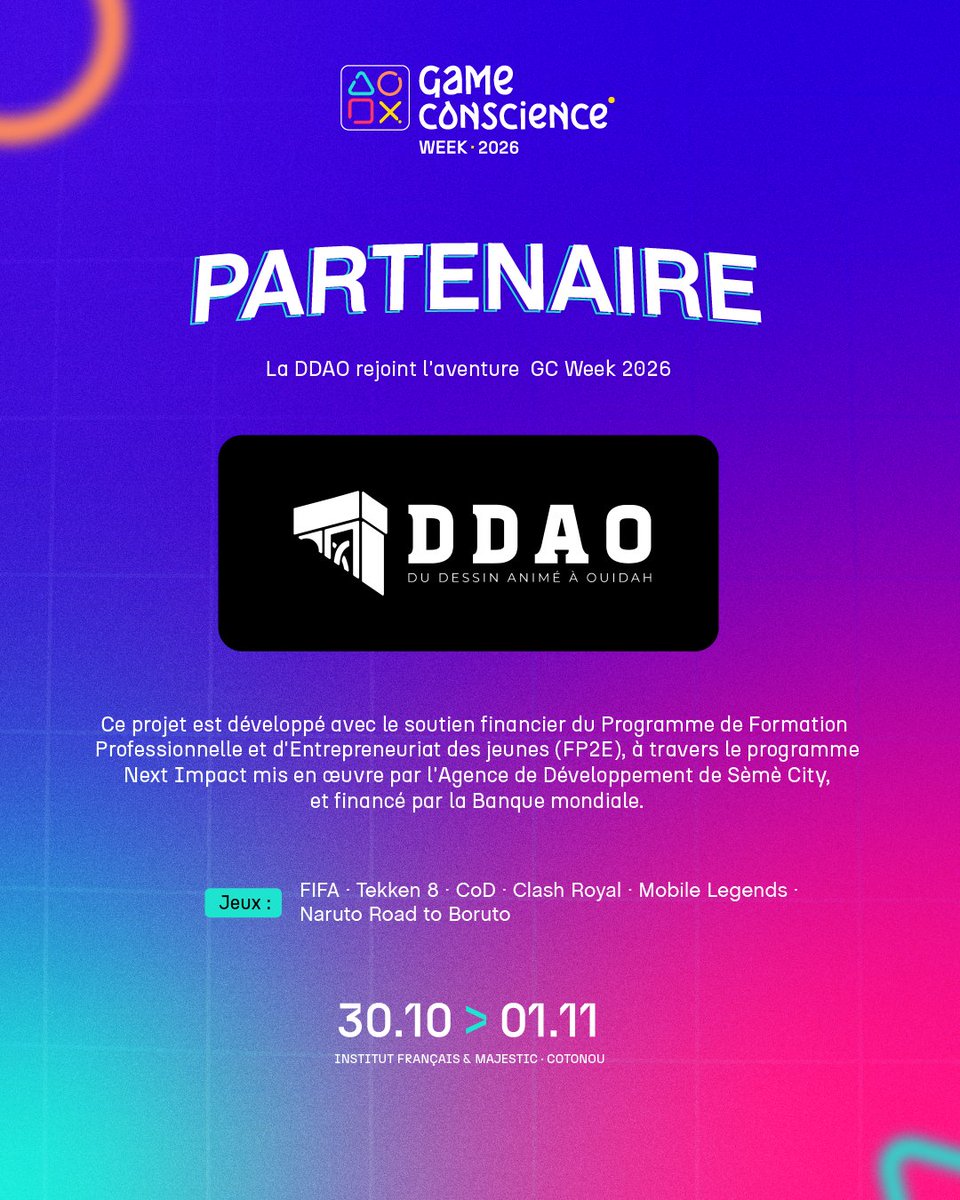 gcweekOff's tweet photo. Du Dessin Animé à Ouidah (DDAO) rejoint l'aventure GAME CONSCIENCE WEEK 2026 !
Association dédiée à l'industrie de l'animation béninoise, DDAO animera un atelier exclusif sur la GC Week.
https://t.co/O2GCqFfIj5
#GCW2026 #GameConscienceWeek #eSportBénin #GamingBénin https://t.co/5xvpZgdvOv