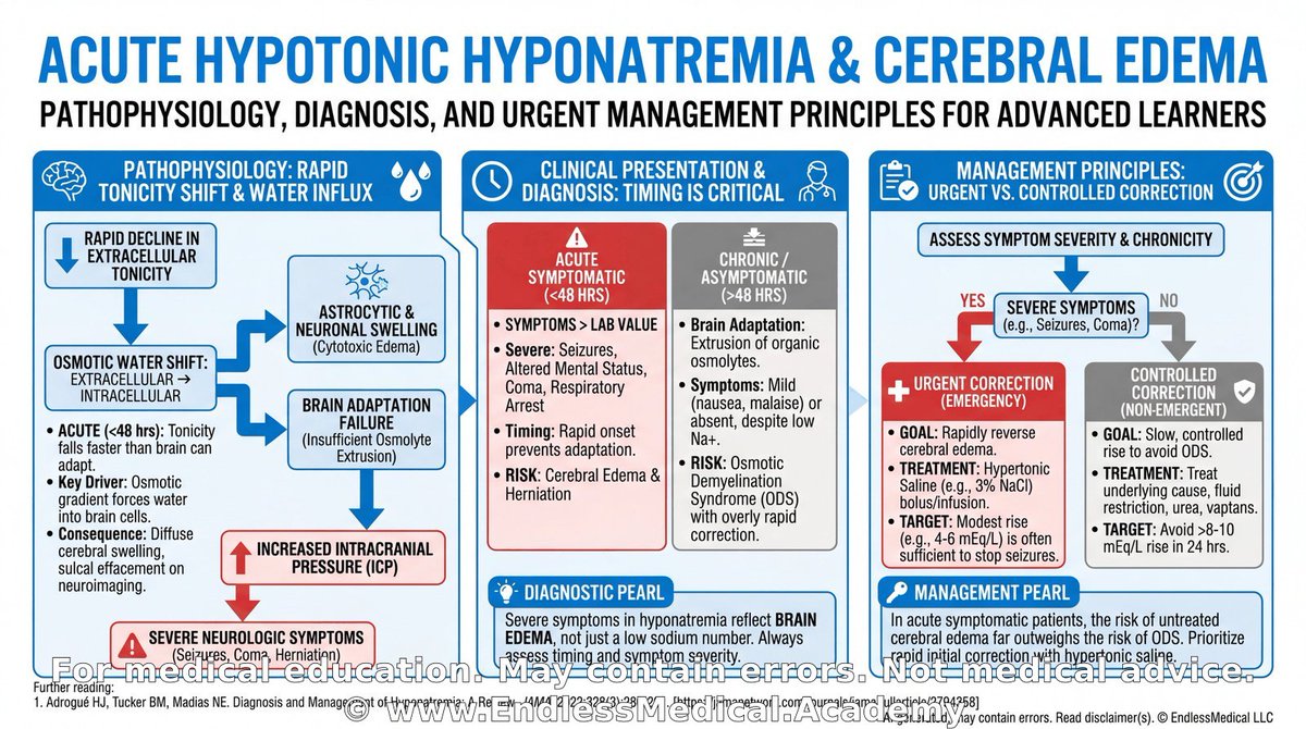 EndlessMedical's tweet photo. 📿 Medical Pearl

Category: Nephrology: Kidney Disease Diagnosis and Management > Electrolyte Disorders > Hyponatremia

Acute hypotonic hyponatremia can cause rapid cerebral edema because the brain has not yet adapted to the fall in extracellular tonicity.

The most dangerous early manifestations are headache, nausea, vomiting, confusion, seizure, and respiratory compromise.

Low serum osmolality means water shifts into brain cells; high serum osmolality means water shifts out of them.

Osmotic demyelination syndrome is a different problem that usually follows overly rapid correction of chronic hyponatremia rather than the initial hypo-osmolar insult.

🎬 Watch the video explanation: https://t.co/A9HKDbziOW

🔗 Learn more: https://t.co/L6BcAnQrgu

#MedicalEducation #ClinicalPearl #NursesOfTwitter

@MedStudentChat @MedTwitter

Dig deeper on this topic at https://t.co/ofNUUCifgT, where multiple AI models debate, cross-check references, and verify calculations to give you the most updated and accurate medical information with minimal hallucinations and errors.

Further reading:

1. Adrogué HJ, Tucker BM, Madias NE. Diagnosis and Management of Hyponatremia: A Review. JAMA. 2022;328(3):280-291. - JAMA - (2022) - by Adrogué, H. J., Tuck...
Confidence: 100%
Educational value: Supports understanding of the medical concepts in the question.
https://t.co/5OQKONmYiD

Links to sources are provided for optional further reading only.

Verified, approved and authored using AI by Lukasz Kiljanek MD, board-certified in Internal Medicine, Nephrology and Hypertension
*For medical education. May contain errors. Intended for licensed healthcare professionals & educators. Not medical advice. Full disclaimer: https://t.co/d57C8xdFf2