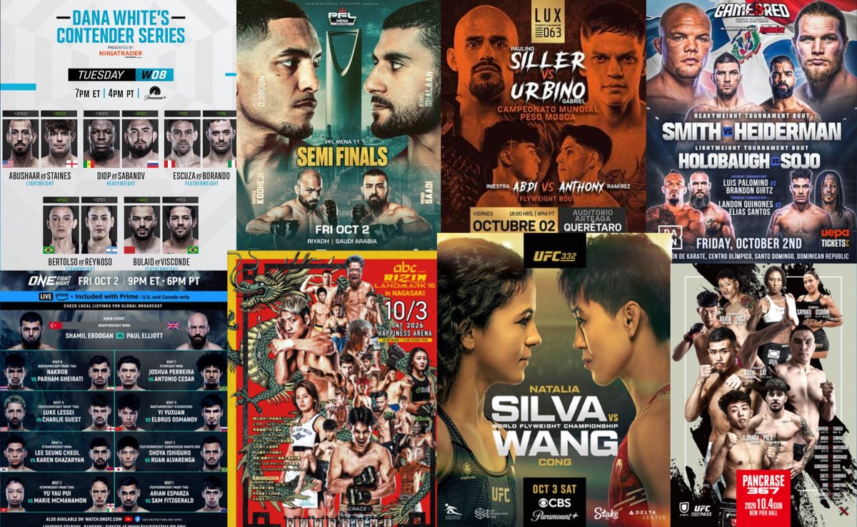 blomdogg's tweet photo. Stacked Week 40 of MMA Violencia across the globe🌎🗓️🔥
Tues: #DWCS🇺🇸
Thursday:#EFC138🇿🇦
Fri: #ONEFF173🇹🇭 #PFLMENA11🇸🇦 #LUX63🇲🇽 #FuryFC125🇺🇸 #GamebredFC🇩🇴 #ONEFightNight48🇹🇭 #RIZIN #RIZINLandmark16🇯����
Sat: #FCR31🇸🇪 #UFC332🇺🇸 #JungleFight155🇧🇷 #Pancrase367🇯🇵 https://t.co/vfnXHMCcz3