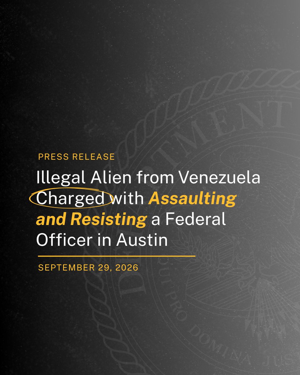 TheJusticeDept's tweet photo. An illegal alien from Venezuela is charged with: assaulting, resisting, interfering, and impeding a federal officer in Austin.

The criminal complaint alleges that during a traffic stop, Wilber Rafael Garces-Perez, 28, refused orders from ICE ERO officers to exit his vehicle and drove away, striking an officer with his side-view mirror. He allegedly led officers on a high-speed chase before attempting to strike another officer with his vehicle, prompting the officer to fire his pistol.

If convicted, Garces-Perez faces up to 20 years in federal prison.

@USAO_WDTX @HSI_HQ @USAttySimmons

Read more about this case: https://t.co/rHgPsKDEMX
