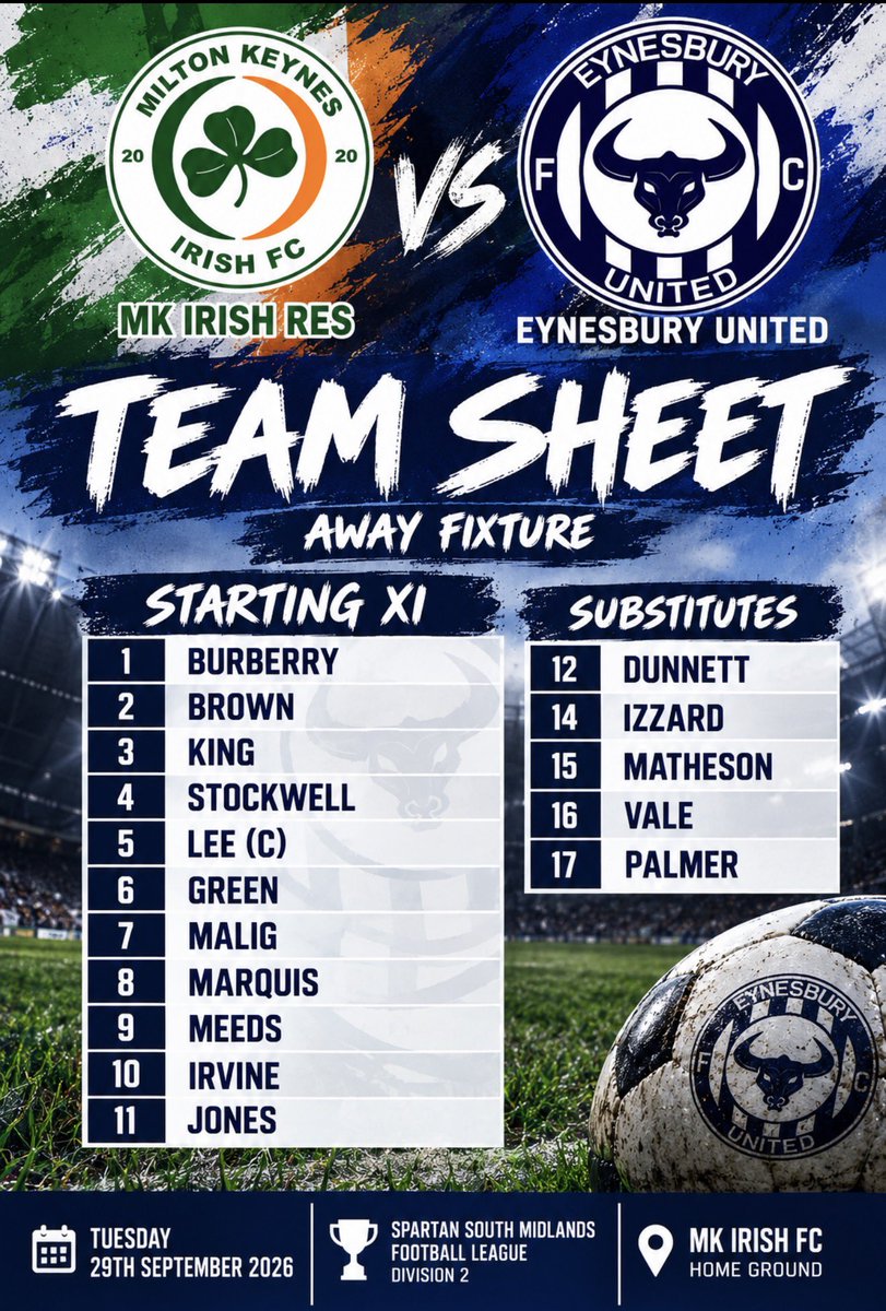 eynesburyutd's tweet photo. Tonight’s Bulls starting 11 v MK Irish Res .. kick off 7:45pm https://t.co/zS3aBvZbfd