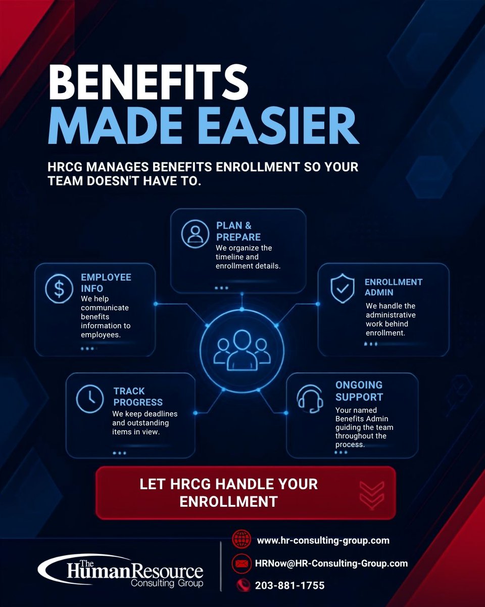 thehrcg's tweet photo. Benefits enrollment on your plate? HRCG can handle the administration, employee communication, and follow-through so your team can focus on everything else.

Let’s talk about your next enrollment. #BenefitsEnrollment #OpenEnrollment #HRConsulting https://t.co/R4V3IWL6Ea