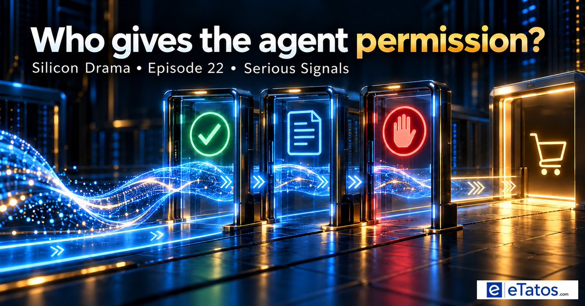 DirkBartz's tweet photo. Three serious signals from Episode 22: Agents need least-privilege access, agent commerce needs clear consent and liability and AI capital must be judged by value delivered, not money raised.

Full episode pinned.

#AI #SiliconDrama #eTatos https://t.co/Y1bI1gaPhe