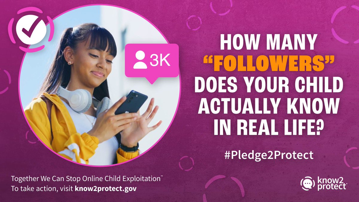 Know2Protect's tweet photo. Does your child really know everyone on their friend and follower lists online? Don’t wait to find out. 

Take a few minutes to review those lists together and remove anyone they haven’t met in person. ☑️

A quick check can spark deeper conversations about privacy and online safety. Learn more at: https://t.co/CU96eHeYgJ #Pledge2Protect