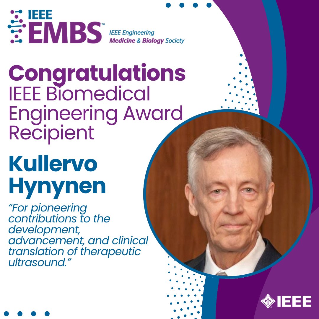 IEEEembs's tweet photo. Congratulations to the 2027 #IEEE #BiomedicalEngineering Award recipient, Kullervo Hynynen! Recognized for his pioneering contributions to the development, advancement, &amp; clinical translation of therapeutic ultrasound.

More about the awards: https://t.co/lPxW33ElEN https://t.co/PQhiXdBIQJ