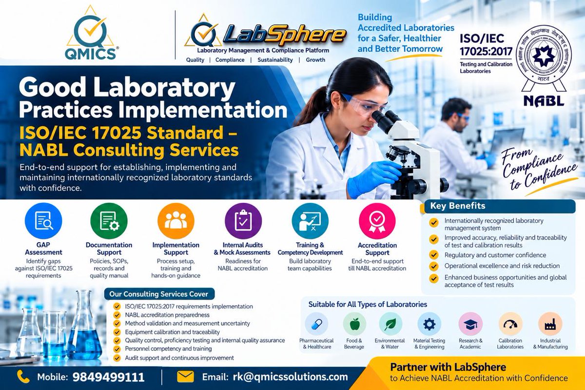 QmicsGroup's tweet photo. 🔬 From Compliance to Confidence!
Elevate your laboratory standards with ISO/IEC 17025:2017 &amp; NABL Consulting Services by LabSphere. 

✅ Quality | Compliance | Sustainability | Growth https://t.co/Rva5r5Rij8
