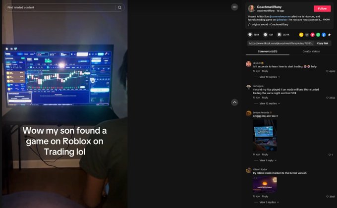 clclclclclcl8a's tweet photo. ROBLOX IS ONBOARDING THE NEXT GENERATION OF TRADERS

A trading game on Roblox is going viral on TikTok right now.

It's called Roblox Stock Exchange 2 (RSE2) a full trading simulator where kids can trade stocks, ETFs, futures and IPOs, use leverage, short markets and even track their P&L.

160K LIKES IN LESS THAN A DAY: https://t.co/jJOjcQU15S

The game already has millions of visits on Roblox  and now it's starting to break into TikTok.

Roblox + trading + Gen Alpha is genuinely one of the cleanest onboarding narratives I've seen in a while.