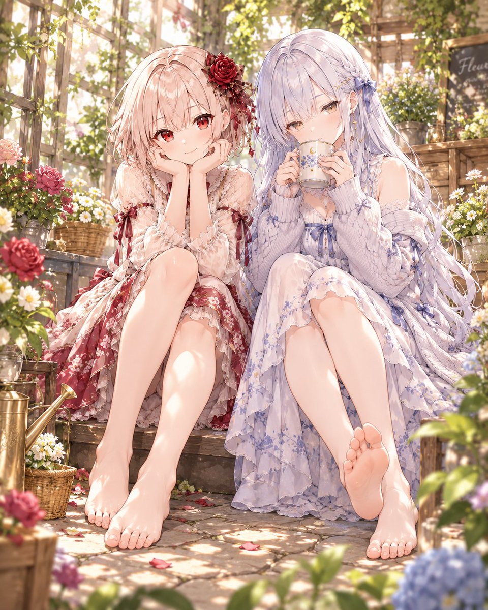 nyantoka_AI's tweet photo. 【#足裏強化week】
お昼すぎたよ🙄

二人も一息…

午後も頑張りましょう～😗

#月夜野伽耶 #夢澄せり https://t.co/qrqGjOdxeQ