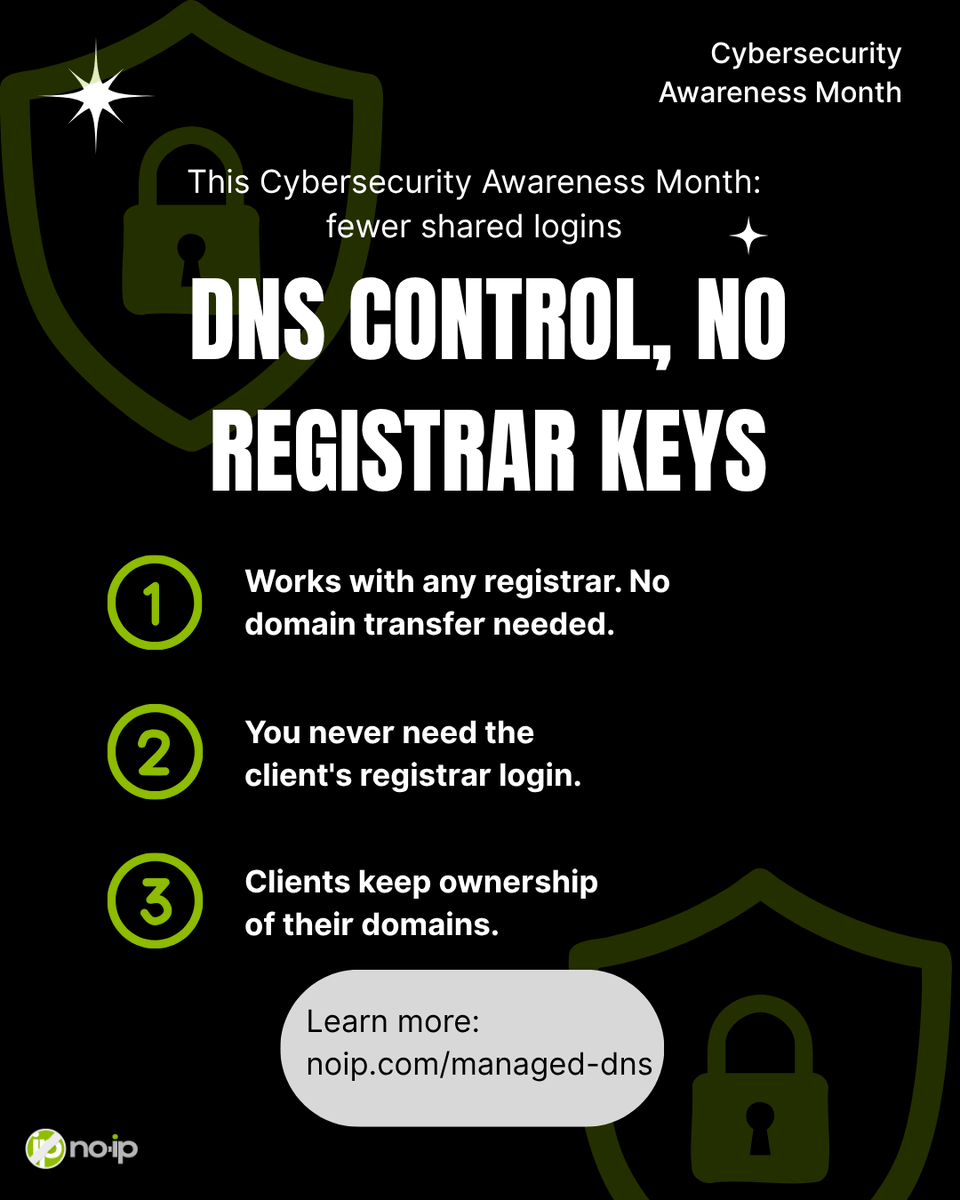 NoIPcom's tweet photo. MSPs: how many client registrar logins are sitting in your vault right now?

You don't need them to manage DNS. The client points nameservers to No-IP once and keeps the domain. You run the records. 4 slides 👇

https://t.co/eztScLJxox

#CybersecurityAwarenessMonth #MSP https://t.co/IIMBzdCt41