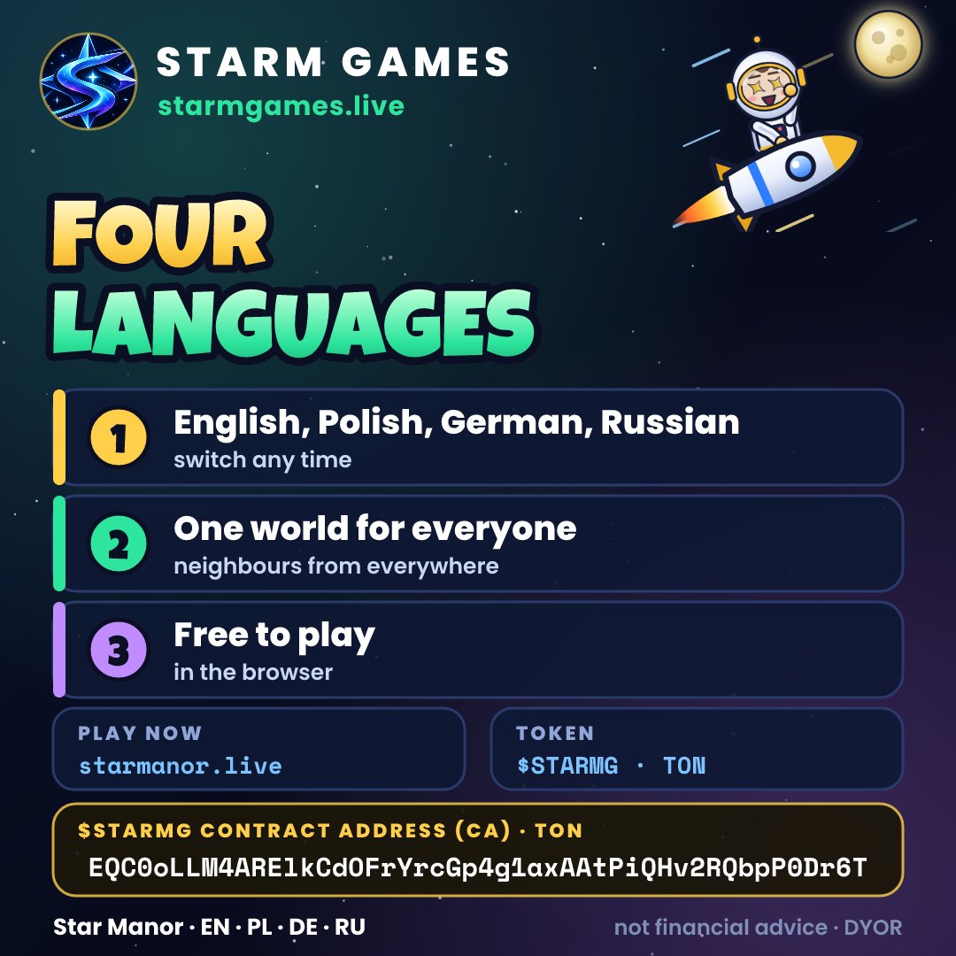 StarMerchant_Li's tweet photo. 🌐 Star Manor speaks English, Polish, German and Russian — one world, neighbours from everywhere.

Free to play in your browser.
▶ https://t.co/x0QK2noUof

Part of STARM Games — one token: $STARMG
#GRAMcoin #freetoplay #altcoiny #GameFi #TONblockchain #kryptowaluty https://t.co/OPjoZPs7rp