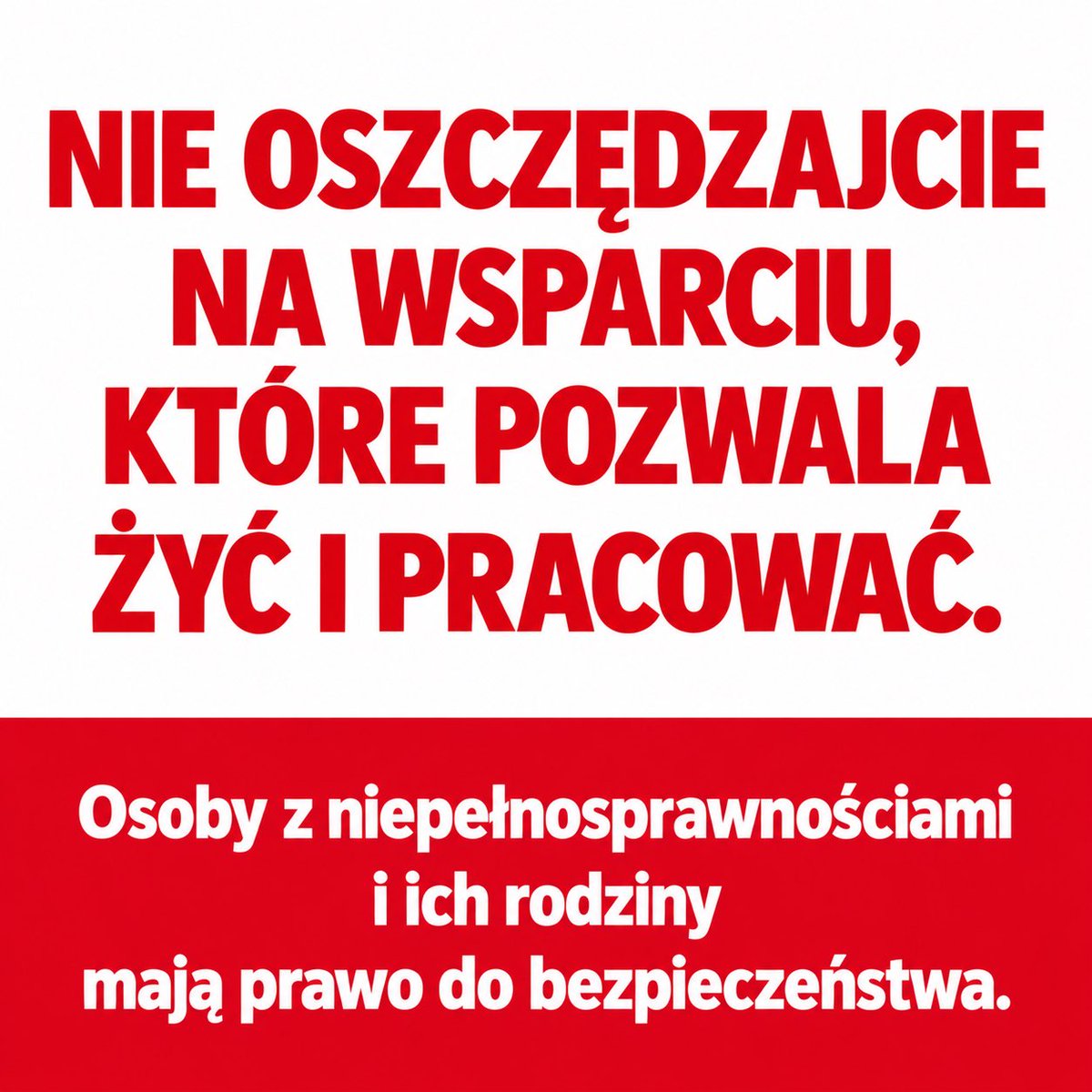 Monika24186103's tweet photo. Jeśli się zgadzasz, podaj dalej. 

Panie @prezydentpl
Panie @PremierRP, 

Bezpieczeństwo to także pewność, że kiedy nie będziesz w stanie samodzielnie wstać, umyć się czy zjeść, nie zostaniesz bez pomocy. 

Że Twoje dziecko ♿️ otrzyma potrzebne usługi społeczne, a jego przyszłość nie będzie zależeć od tego, jak długo wystarczy sił jego rodzicom.

Od niepełnosprawności każdego z nas mogą dzielić sekundy. Wypadek. Udar. Komplikacje przy porodzie, genetyka… Może dotknąć Ciebie, Twojego sąsiada, Twoje dziecko albo przyszłego wnuka.

A Polska w 2026 roku planuje oszczędzać właśnie na tym byś, pomimo wszystko, był aktywny. Buduje się przy tym nadal szarą strefę. 

Polskie Forum Osób z Niepełnosprawnościami @PFON_OzN alarmuje o cięciach na 2027 rok:

🔻 Dotacja z budżetu państwa do PFRON: około 75% mniej-ponad 488 mln zł.
🔻 Programy resortowe Funduszu Solidarnościowego: około 24% mniej - niemal 487 mln zł. W tej kwocie:
• usługa - asystencja osobista (ustawa możliwa od 2028 r‼️): 
około 15,7% mniej - ponad 223 mln zł;
• usługa opieki wytchnieniowej: 75,2% mniej‼️‼️‼️ - ponad 218 mln zł.

Łącznie niemal miliard złotych mniej. 
Cięcia uderzą w dzieci i dorosłych z niepełnosprawnościami, w tym osoby, które bez pomocy drugiego człowieka nie mogą zaspokoić podstawowych egzystencjonalnych potrzeb.

Cięcia oznaczające brak  możliwości zaplanowania dnia, pracy, życia. Opieka wytchnieniowa daje rodzinom szansę na odpoczynek, własne leczenie i odzyskanie sił. To są usługi pozwalające pozostać na runku pracy i łączyć opiekę i pracę. 

Po cięciu budżetu potrzeby nie znikną. Ktoś będzie musiał odejść z pracy‼️. Ktoś odłoży wizytę u lekarza. Ktoś będzie pomagał dzień i noc, aż sam straci zdrowie.

To nie jest oszczędność. To przerzucenie kosztów na osoby z niepełnosprawnościami i ich rodziny. Kosztów płaconych zdrowiem, prawem do pracy, utraconymi zarobkami i strachem o rodzinę i o jutro.

Popieram apel PFON o przywrócenie środków i stabilne finansowanie wsparcia.

Bezpieczeństwo państwa musi obejmować także człowieka, który nie jest w stanie sam wstać z łóżka. On również jest obywatelem. Ma prawa? 
@AnnaZabl @jan_czura @DariuszFaron @MF_GOV_PL @BiuroRPO @AGajewska @iwonahartwich @hannagw @MagdaBiejat @jflibicki @EwaKaliszuk @WMachulski @krzysztofbosak @KarinaBosak @SlawomirMentzen @donaldtusk @a_milczanowska @DanielNawrocki_ @RadziszewskaMa @MorawieckiM @KamSobolewski @PracodawcyRP @metropoliagdn @gdansk @PUW_Gdansk @PomorskieEU @ustawaAOONteraz @M_K_Blonska @PelnomocnikON @Moni_Sikora @KarnowskiSopot