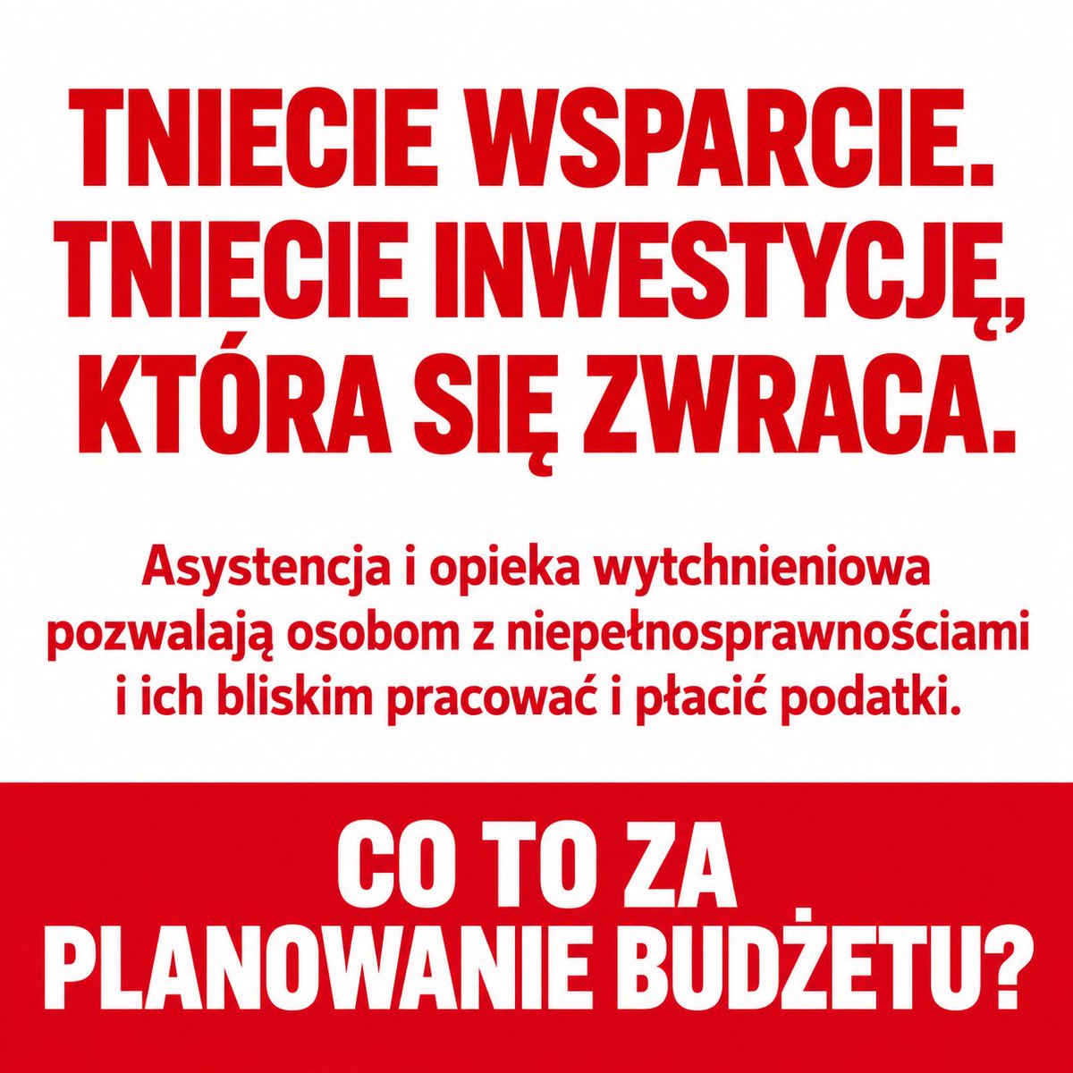 Monika24186103's tweet photo. Jeśli się zgadzasz, podaj dalej. 

Panie @prezydentpl
Panie @PremierRP, 

Bezpieczeństwo to także pewność, że kiedy nie będziesz w stanie samodzielnie wstać, umyć się czy zjeść, nie zostaniesz bez pomocy. 

Że Twoje dziecko ♿️ otrzyma potrzebne usługi społeczne, a jego przyszłość nie będzie zależeć od tego, jak długo wystarczy sił jego rodzicom.

Od niepełnosprawności każdego z nas mogą dzielić sekundy. Wypadek. Udar. Komplikacje przy porodzie, genetyka… Może dotknąć Ciebie, Twojego sąsiada, Twoje dziecko albo przyszłego wnuka.

A Polska w 2026 roku planuje oszczędzać właśnie na tym byś, pomimo wszystko, był aktywny. Buduje się przy tym nadal szarą strefę. 

Polskie Forum Osób z Niepełnosprawnościami @PFON_OzN alarmuje o cięciach na 2027 rok:

🔻 Dotacja z budżetu państwa do PFRON: około 75% mniej-ponad 488 mln zł.
🔻 Programy resortowe Funduszu Solidarnościowego: około 24% mniej - niemal 487 mln zł. W tej kwocie:
• usługa - asystencja osobista (ustawa możliwa od 2028 r‼️): 
około 15,7% mniej - ponad 223 mln zł;
• usługa opieki wytchnieniowej: 75,2% mniej‼️‼️‼️ - ponad 218 mln zł.

Łącznie niemal miliard złotych mniej. 
Cięcia uderzą w dzieci i dorosłych z niepełnosprawnościami, w tym osoby, które bez pomocy drugiego człowieka nie mogą zaspokoić podstawowych egzystencjonalnych potrzeb.

Cięcia oznaczające brak  możliwości zaplanowania dnia, pracy, życia. Opieka wytchnieniowa daje rodzinom szansę na odpoczynek, własne leczenie i odzyskanie sił. To są usługi pozwalające pozostać na runku pracy i łączyć opiekę i pracę. 

Po cięciu budżetu potrzeby nie znikną. Ktoś będzie musiał odejść z pracy‼️. Ktoś odłoży wizytę u lekarza. Ktoś będzie pomagał dzień i noc, aż sam straci zdrowie.

To nie jest oszczędność. To przerzucenie kosztów na osoby z niepełnosprawnościami i ich rodziny. Kosztów płaconych zdrowiem, prawem do pracy, utraconymi zarobkami i strachem o rodzinę i o jutro.

Popieram apel PFON o przywrócenie środków i stabilne finansowanie wsparcia.

Bezpieczeństwo państwa musi obejmować także człowieka, który nie jest w stanie sam wstać z łóżka. On również jest obywatelem. Ma prawa? 
@AnnaZabl @jan_czura @DariuszFaron @MF_GOV_PL @BiuroRPO @AGajewska @iwonahartwich @hannagw @MagdaBiejat @jflibicki @EwaKaliszuk @WMachulski @krzysztofbosak @KarinaBosak @SlawomirMentzen @donaldtusk @a_milczanowska @DanielNawrocki_ @RadziszewskaMa @MorawieckiM @KamSobolewski @PracodawcyRP @metropoliagdn @gdansk @PUW_Gdansk @PomorskieEU @ustawaAOONteraz @M_K_Blonska @PelnomocnikON @Moni_Sikora @KarnowskiSopot