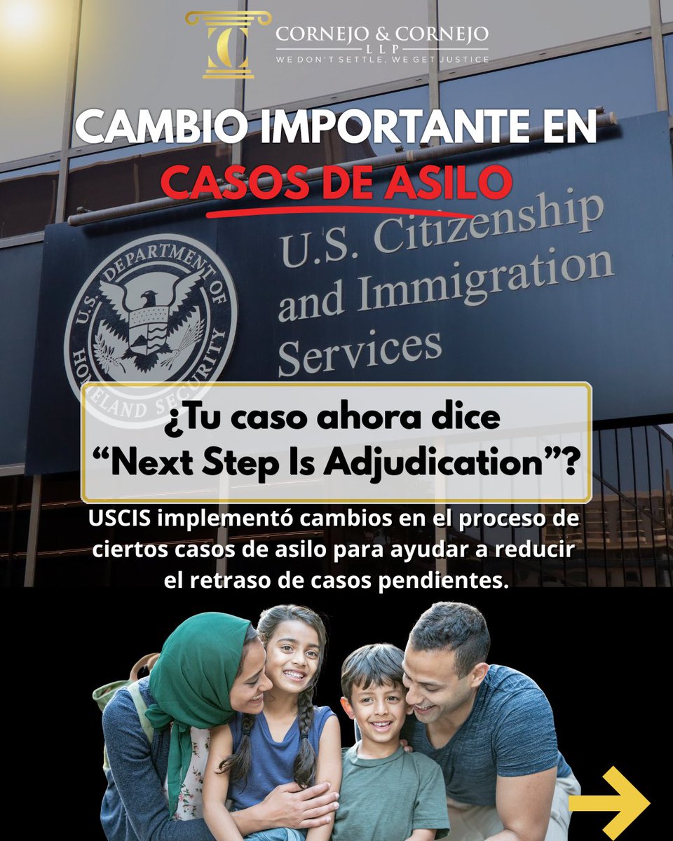 Cornejo_Law's tweet photo. 🚨 ¿Cambió el estatus de tu asilo a “Next Step Is Adjudication”?

Este mensaje, por sí solo, no significa que tu caso haya sido aprobado, negado o enviado a corte.

⚖️ USCIS puede referir ciertos casos de asilo afirmativo a un juez de inmigración sin una entrevista previa. Cada caso es diferente: conocer tu situación y preparar tus documentos es fundamental.

En Cornejo & Cornejo, podemos ayudarte a entender las actualizaciones de tu caso y orientarte sobre los próximos pasos.

📞 Llámanos al 844-CORNEJO.
📲 Guarda y comparte esta información con alguien que tenga su asilo pendiente.

#cornejoandcornejolaw #Asilo #USCIS #AbogadosDeInmigración