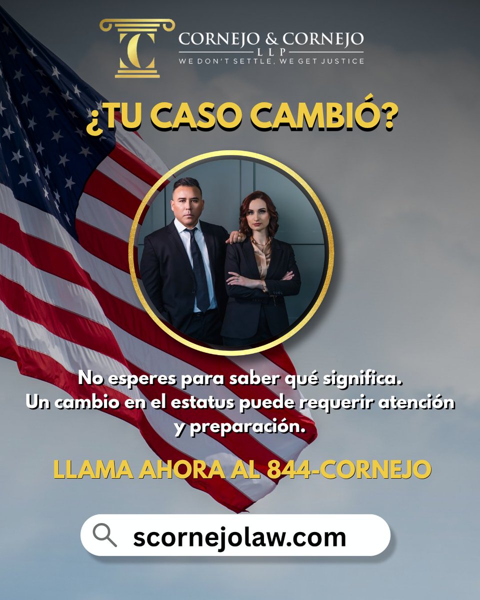 Cornejo_Law's tweet photo. 🚨 ¿Cambió el estatus de tu asilo a “Next Step Is Adjudication”?

Este mensaje, por sí solo, no significa que tu caso haya sido aprobado, negado o enviado a corte.

⚖️ USCIS puede referir ciertos casos de asilo afirmativo a un juez de inmigración sin una entrevista previa. Cada caso es diferente: conocer tu situación y preparar tus documentos es fundamental.

En Cornejo & Cornejo, podemos ayudarte a entender las actualizaciones de tu caso y orientarte sobre los próximos pasos.

📞 Llámanos al 844-CORNEJO.
📲 Guarda y comparte esta información con alguien que tenga su asilo pendiente.

#cornejoandcornejolaw #Asilo #USCIS #AbogadosDeInmigración