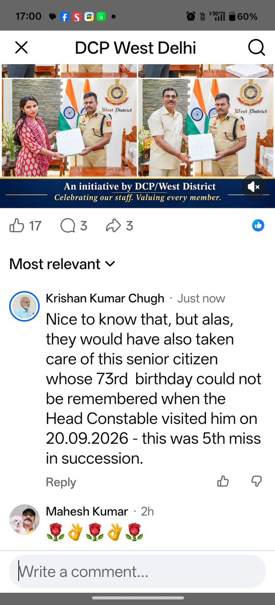 KrishanChug's tweet photo. Attached newspaper report  of the day on 'dignified life for senior citizebs' and Reality from  a senior citizens aged 73 living with his scared wife aged 71 for his dignity and safety.   Today, after 13 years of relentless struggle, lawlessness leaves me unable to drive, forced to dodge obstructions on pathways, breathing impure air, and facing total insensitivity to unchecked noise pollution.
​Nice to know about @DCPWestDelhi  'Birthday Initiative', but my own 73rd birthday was ignored at least  for five successive years. Fighting for a congenial environment without dislodging anyone—while keeping constructive solutions on the table—gets met with administrative apathy. To make matters worse, I am blocked on WhatsApp and silenced on @DCPWestDelhi for speaking truth. When intent fails to convert into reality, it is a senior's dignity—and a spouse's peace of mind—that pays the price.
​Will the authorities finally listen and help this senior citizen—a contributor of ₹50,000 to the Prime Minister's National Relief Fund—to live in dignity for another 13 productive years to contribute as an Author, Advocate, and Guest Faculty?
​CC:  @Gupta_vijender  @LtGovDelhi @CPDelhi @official_dda @MCD_Delhi @TheStatesmanLtd @IndianExpress @