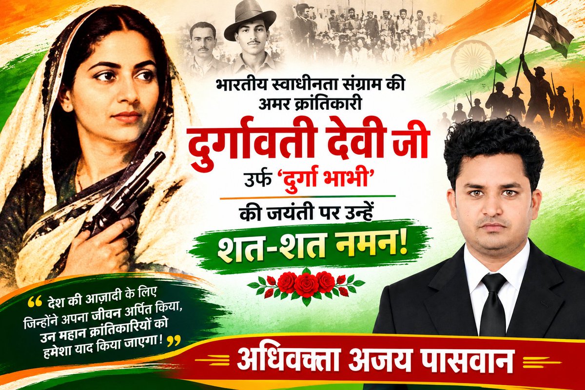 AjayPasvan2's tweet photo. भारतीय स्वाधीनता संग्राम की अमर क्रांतिकारी #दुर्गावती देवी जी उर्फ ‘#दुर्गा_भाभी’ की जयंती पर उन्हें शत-शत नमन! https://t.co/Aqlwvy1ht8