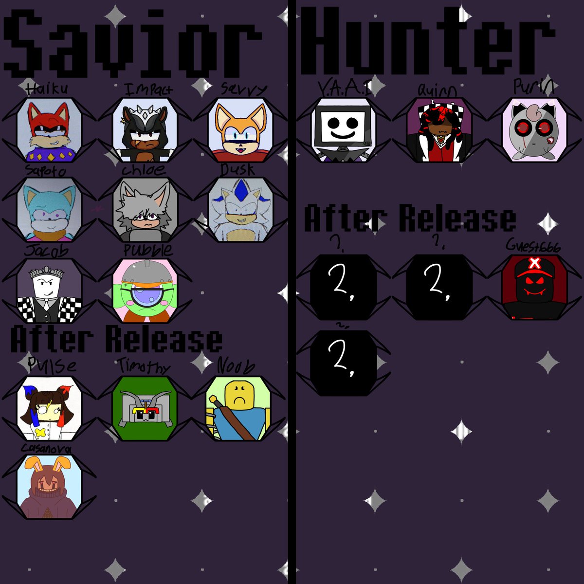 CosFronRBLX's tweet photo. Our character roster! Updated! This shows off every character! To find out more about these characters, join the discord! https://t.co/NpC8xL0EfT