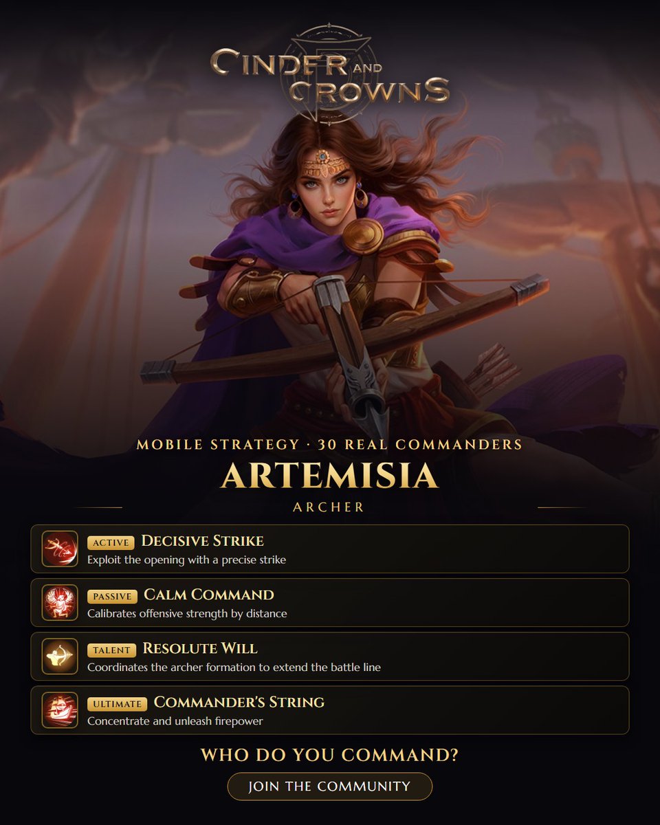 CinderNCrowns's tweet photo. Artemisia · Archer — Exploit the opening with a precise strike Join us 👉 https://t.co/ZelSeeevGs #CinderCrowns #StrategyGames https://t.co/iH6Omlsmq9