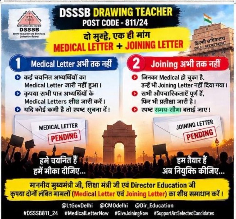 Parmeet6efe's tweet photo. @gupta_rekha @ashishsood_bjp @Dir_Education @LtGovDelhi
DSSSB Drawing Teacher 811/24
चयनित अभ्यर्थी तैयार हैं।
Medical हुए लगभग 2 महीने हो गए ✅
Document Verification पूरा हो गया ✅
फिर भी Joining Letter का इंतज़ार ❌
हमें Joining दीजिए।
 #DrawingTeacher #GiveJoiningNow https://t.co/2wlOxjYDBy