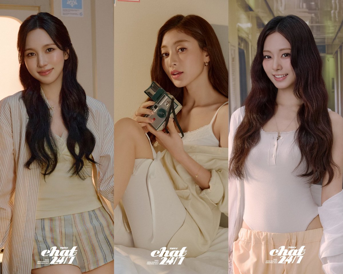 OLTSupport's tweet photo. TWICE's MINA, JIHYO &amp; TZUYU' for #TWICE JAPAN SEASON’S GREETINGS 2027 ”CHAT 24/7” https://t.co/YkDxIC7sWj
