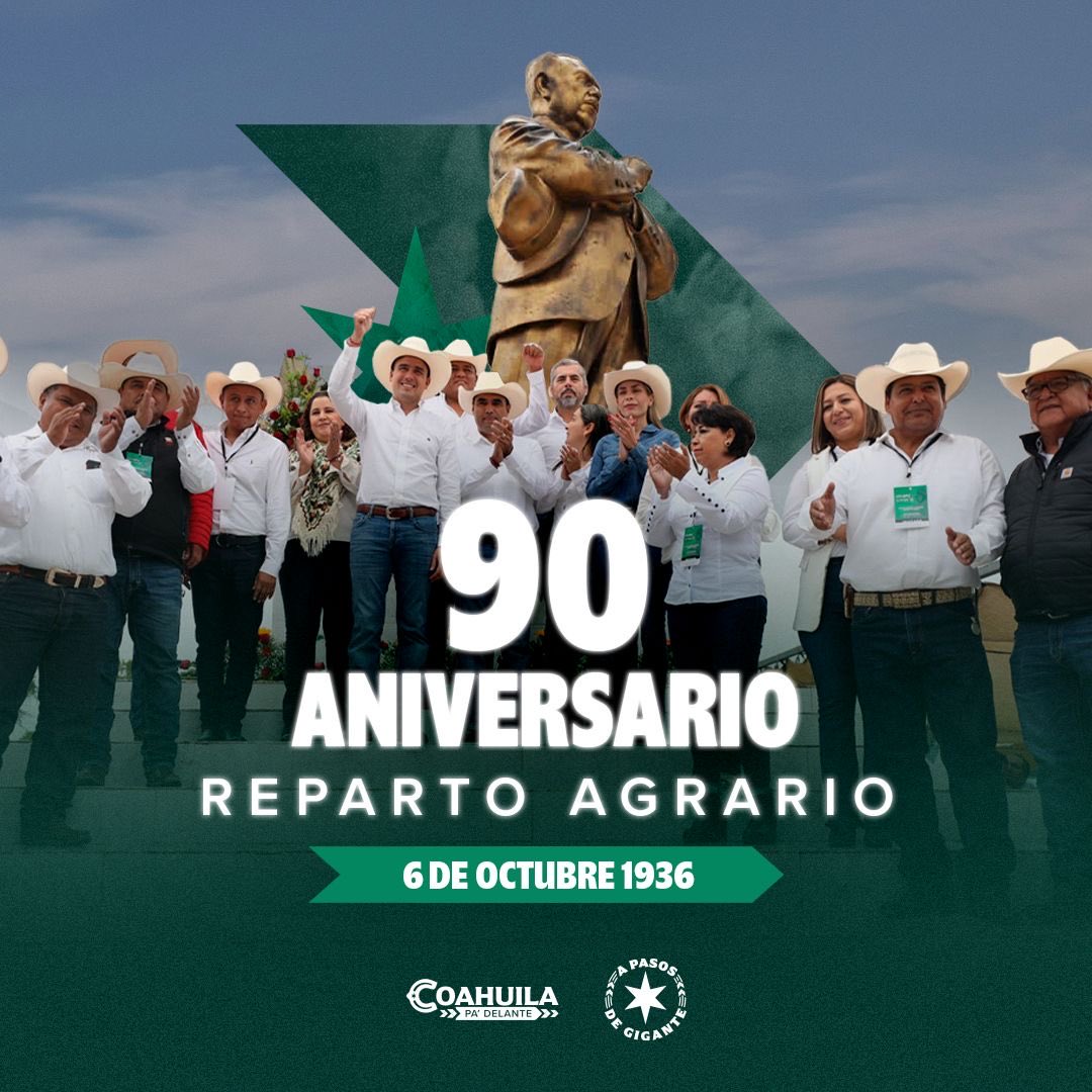 manolojim's tweet photo. Conmemoramos el histórico reparto agrario en la Comarca Lagunera, un hecho que marcó el rumbo del campo en #Coahuila. Reconocemos a las mujeres y hombres que trabajan la tierra y mantienen viva nuestra fuerza y tradición agrícola. #CoahuilaPaDelante #APasosDeGigante https://t.co/T25hW6MQX9