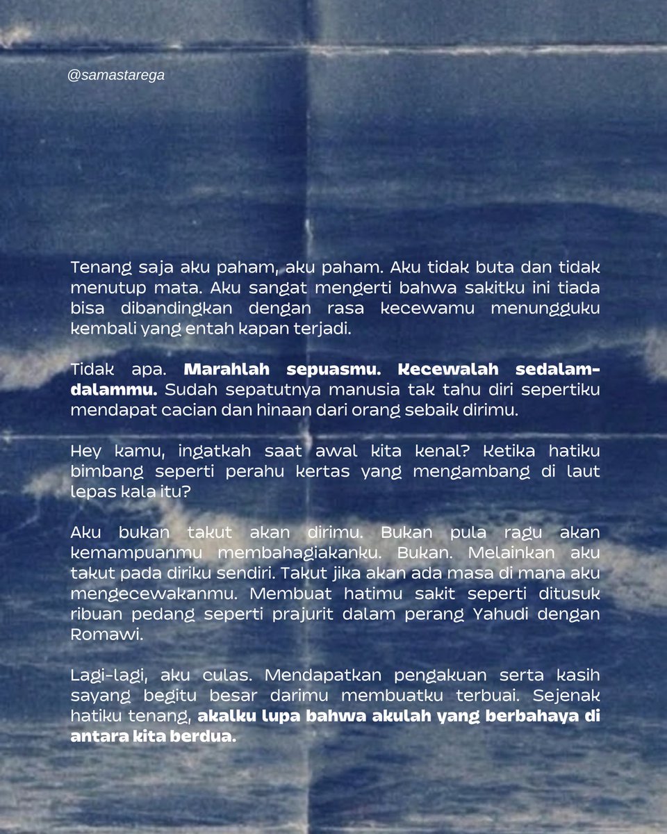 samastarega's tweet photo. ㅤ
Ledakkan. Lemparkan. Hempaskan aku ke jurang kehancuran yang kusebabkan sendiri, tapi tolong biarlah aku tetap mencintamu hingga tua nanti. 
ㅤ https://t.co/dN0kADs7ir