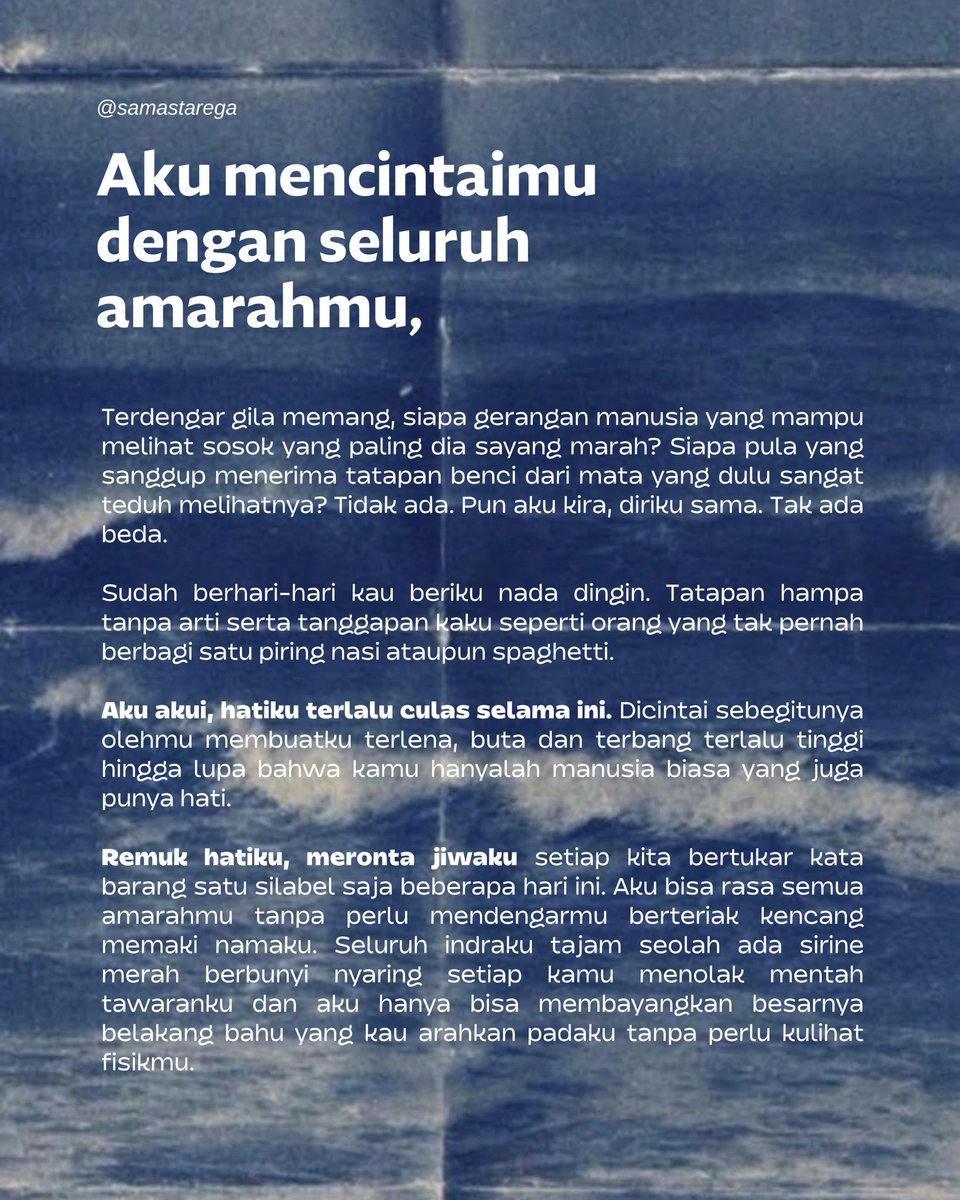 samastarega's tweet photo. ㅤ
Ledakkan. Lemparkan. Hempaskan aku ke jurang kehancuran yang kusebabkan sendiri, tapi tolong biarlah aku tetap mencintamu hingga tua nanti. 
ㅤ https://t.co/dN0kADs7ir
