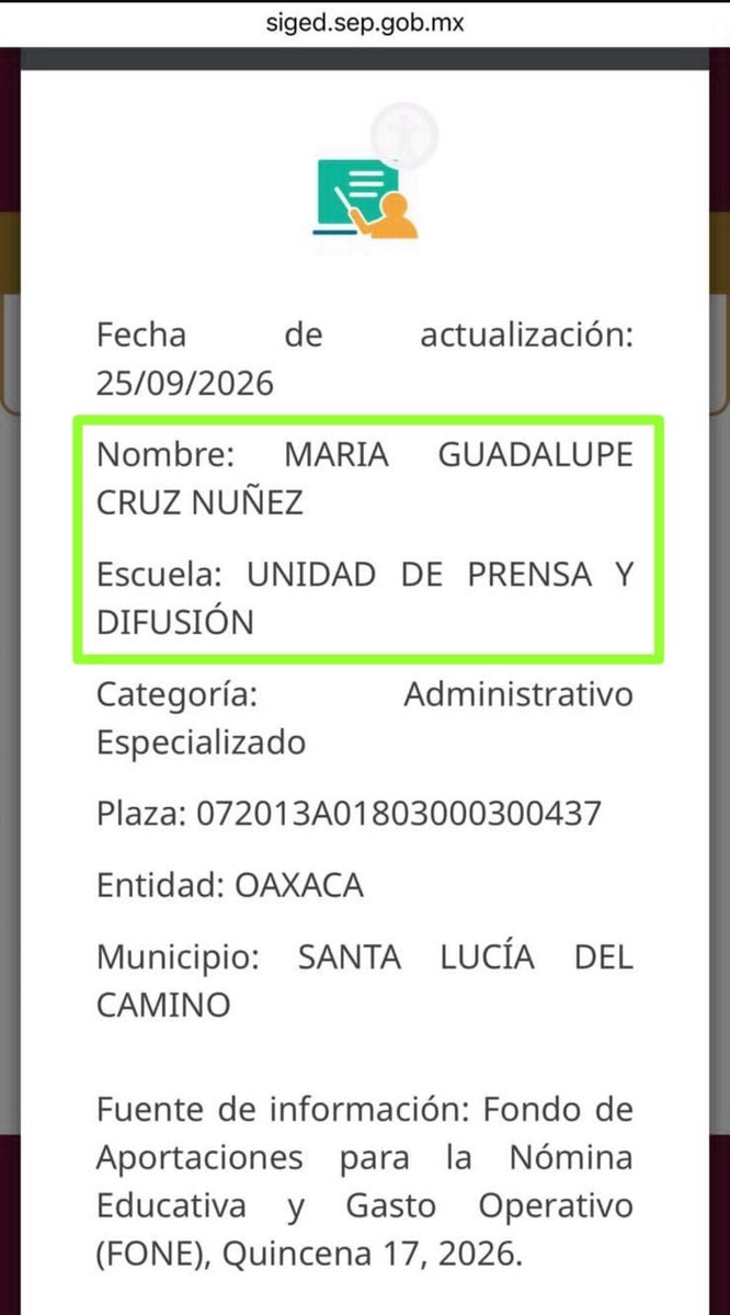 LagarrapataS22's tweet photo. El periodismo en Oaxaca, dejó de ser contrapeso para convertirse en comparsa. 

Oaxaca es la muestra de esta distorsión, mientras el discurso oficial presume “transformación”, la independencia editorial se financia desde la nómina pública.
El caso de María Guadalupe Cruz Núñez, esposa del corresponsal de Milenio (@Milenio), en Oaxaca, Óscar Rodríguez, exhibe un conflicto de interés indignante. 
 En el COBAO, figura como mando medio con un sueldo bruto de $36,531.90 pesos ($26,817.74 netos). Si alta se registró a partir del 1 de mayo de 2025. Primero apareció adscrita en Profesionalización Docente (1T 2026) y luego en Supervisión de Gestión Administrativa (2T 2026).
 Y por si fuera poco también cobra como aviadora en el IEEPO, aparece con plaza de "Administrativo Especializado" en la Unidad de Prensa, sus datos aparecen en el FONE y su última quinces cobrada fue la primera de septiembre (Q17, 2026).
Solo bajo esta red de complicidades se explica el servilismo y el aplauso sistemático al gobierno del anodino Salomón Jara. 
Ahora resta ver si la secretaria de honestidad  @HonestidadOax le fincara  responsabilidades por daño a la hacienda pública