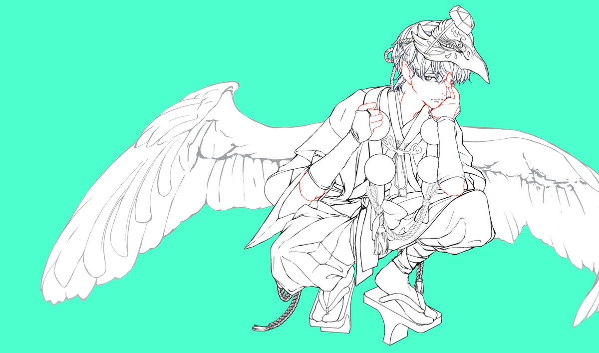 katotchihiro's tweet photo. 少しずつ天狗らしくなってきました。

烏天狗の面と翼、衣装の装飾を描き足しています。
なかなか進みませんが、じわじわ線画制作中です。
#創作イラスト
#WIP
#天狗 https://t.co/xp1iGlMnbp