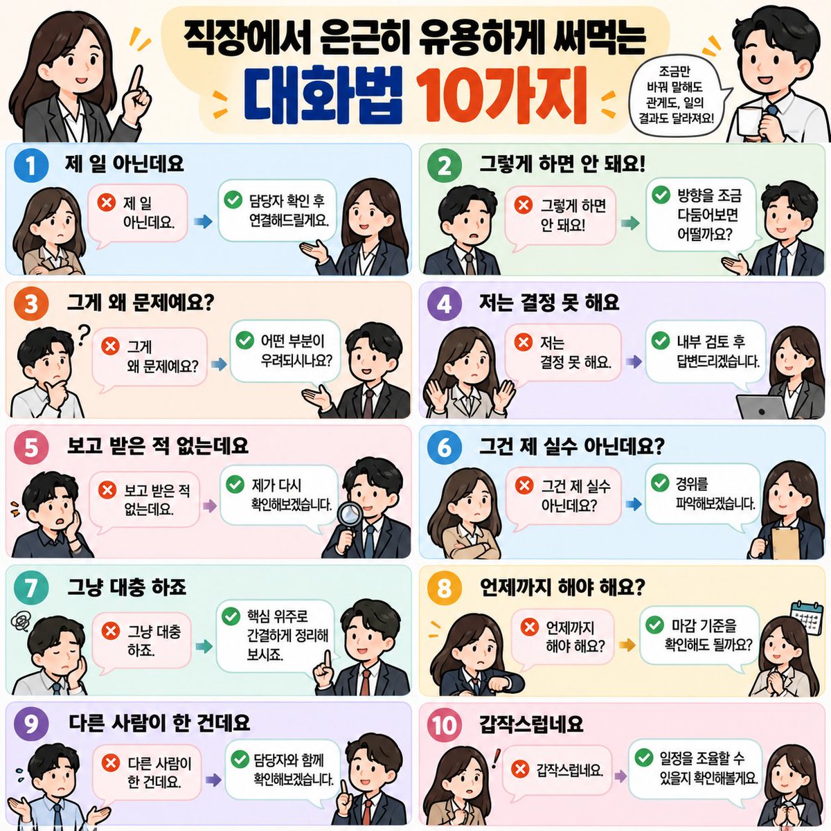 dreamcoach77's tweet photo. 직장에서 은근히 유용하게 써먹는 대화법 10 https://t.co/doQRtqJwvq