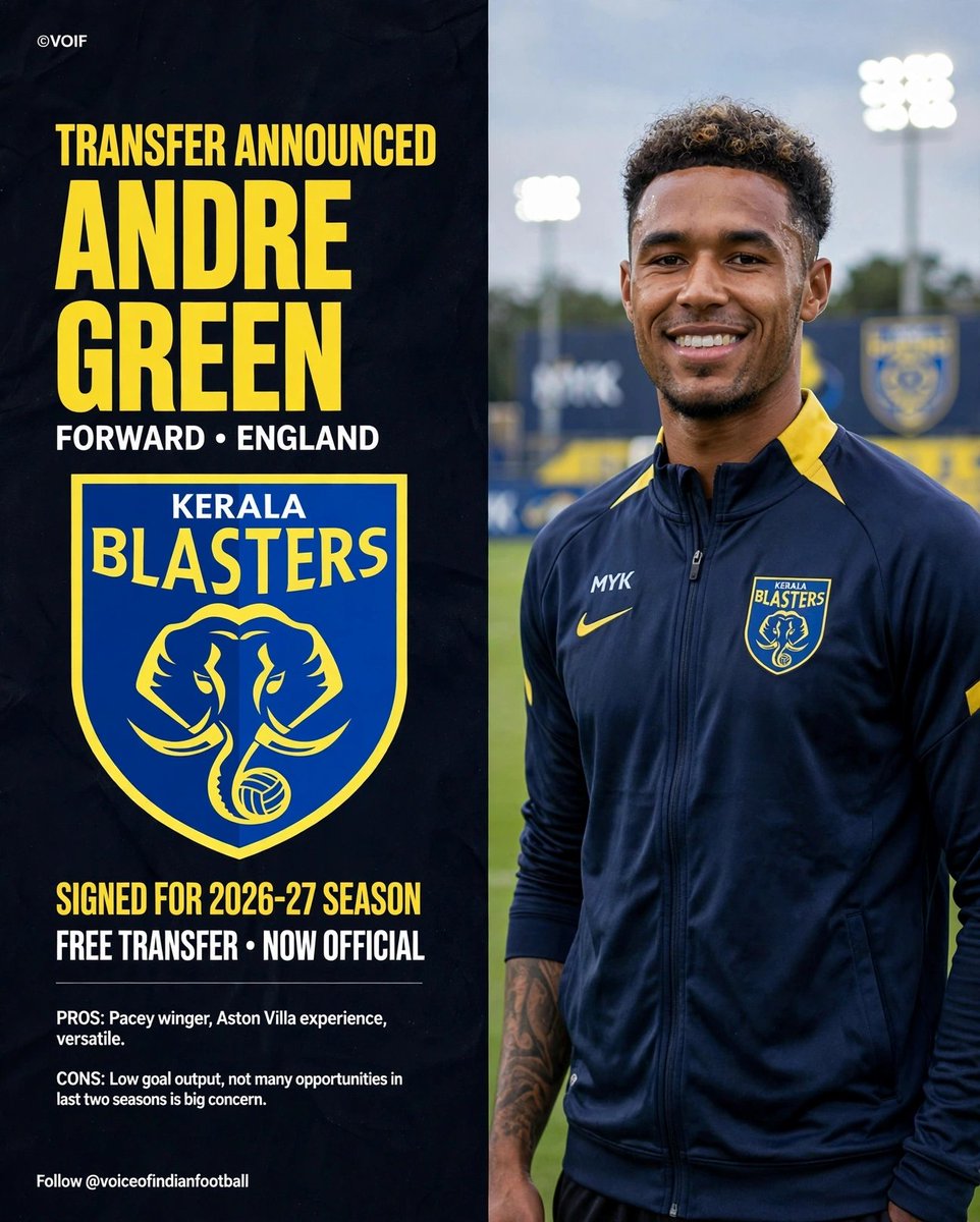 VoiceofIndianF1's tweet photo. DONE DEAL: Andre Green is Yellow! 🟡💙
Kerala Blasters sign ex-Aston Villa winger Andre Green.
PROS: Pace, versatility, experience
CONS: Goals & game-time in last 2 seasons
Hit or miss? 🤔
#KBFC #AndreGreen #ISL #IndianFootball #VOIF #IndianSuperLeague https://t.co/9HelC8BhHQ